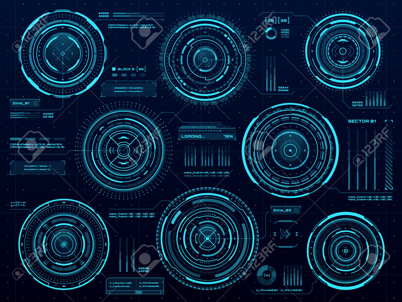 HUDサークルデータインフォグラフィック、データ画面ダッシュボードまたはデジタルインターフェイス、ベクターホログラム。HUDテクノロジーグラフとUI画面のデジタルエレメント、 チャート図、仮想ダッシュボードコントロールのイラスト素材・ベクター Image 192429437