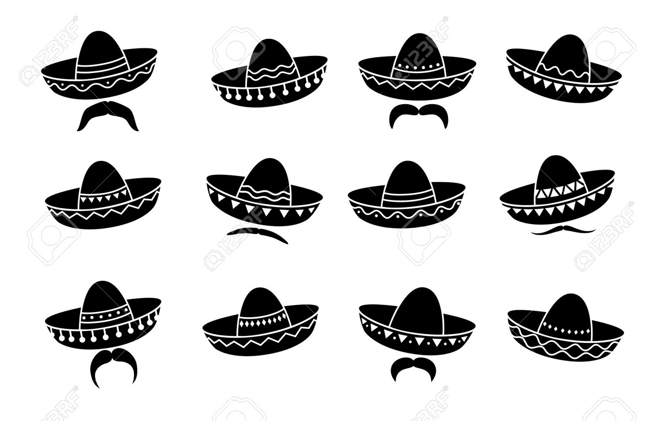Mexican Charro Cowboy Or Mariachi Musician Sombrero Hat Icons And  Moustaches Isolated Monochrome Vector Set, Representing Traditional Symbols  Of Mexico. Latino Artist Black And White Headwear Set Royalty Free SVG,  Cliparts, Vectors,, image size:1300x836