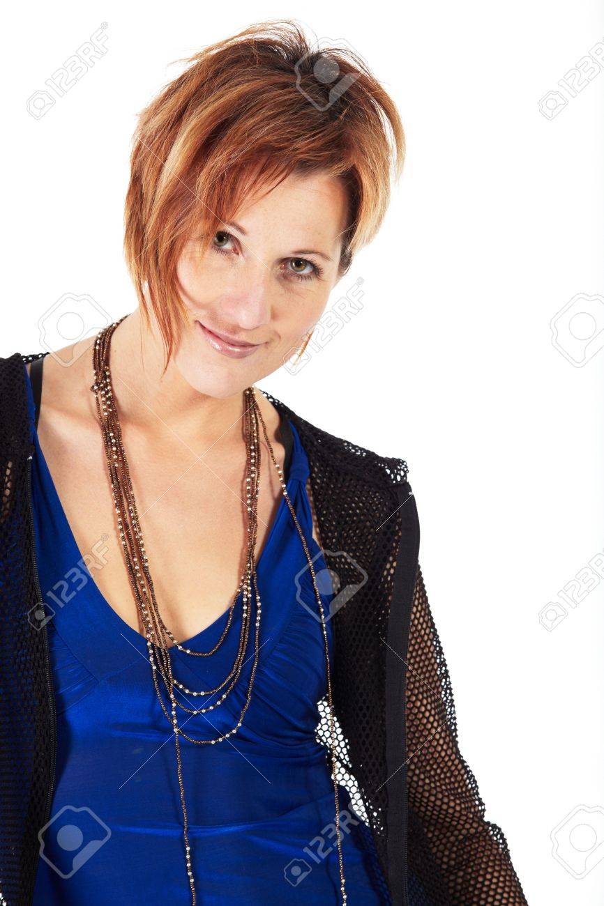 Beautiful Adult Caucasian Woman With Short Streaked Red Hair