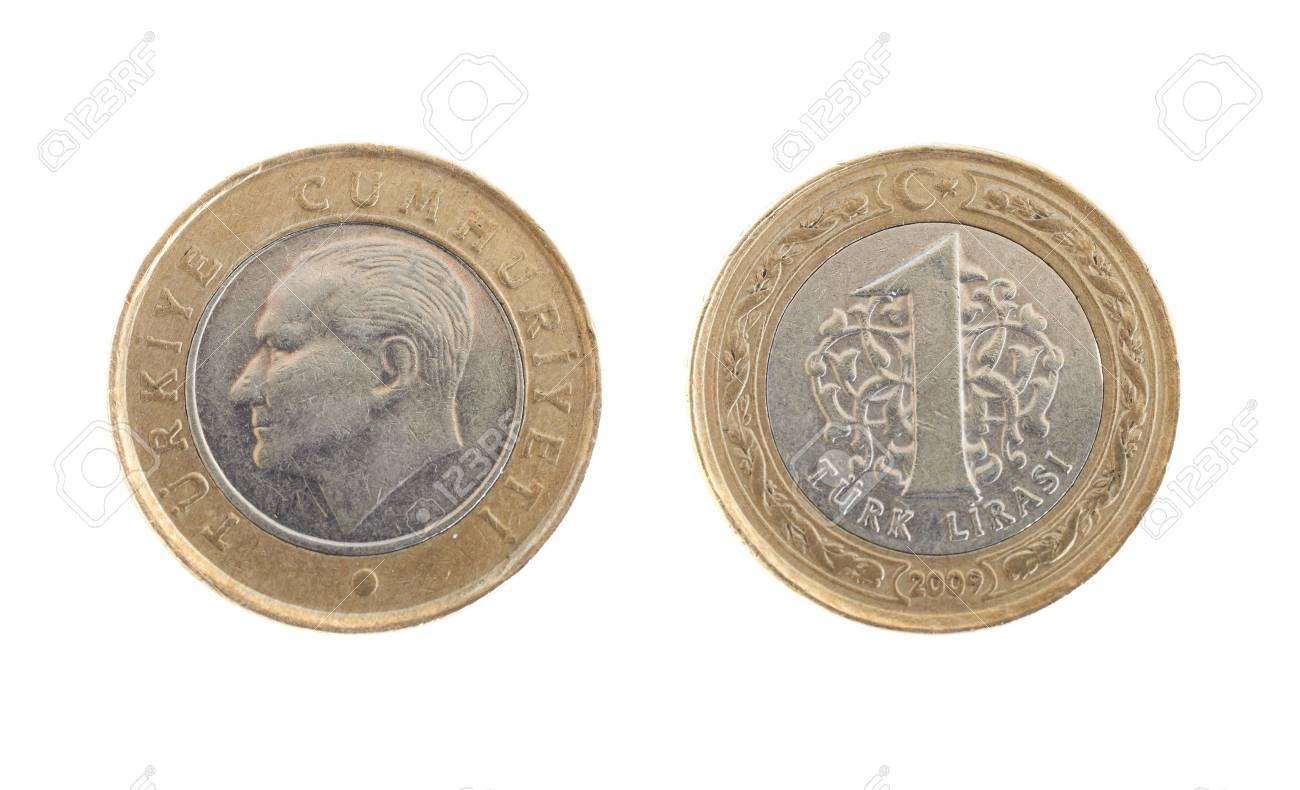 フロントと白い背景の上、1 トルコ リラのコインの背面図の写真素材・画像素材 Image 7021829