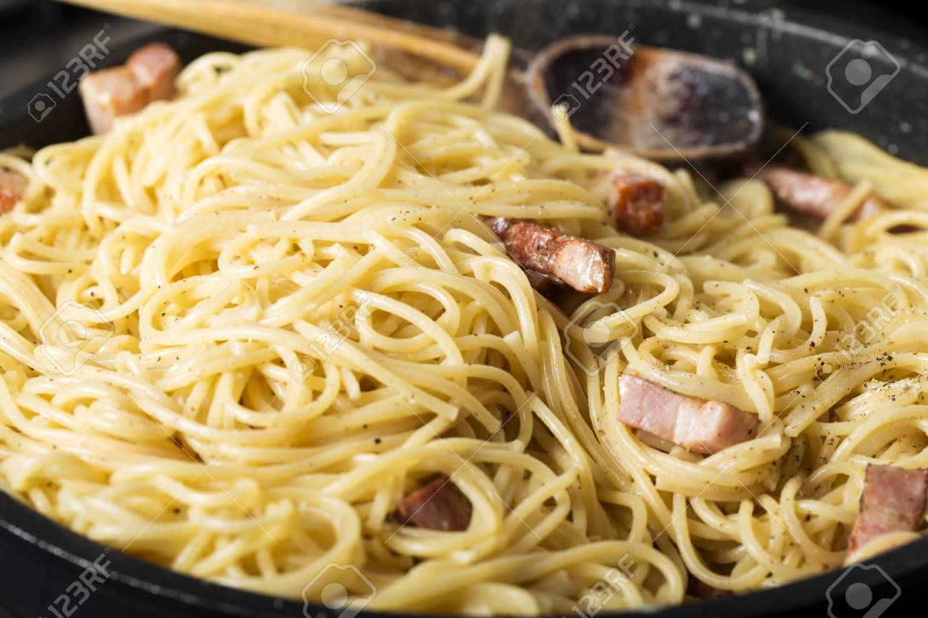 Close Up Of Cooking Traditional Italian Pasta Carbonara In Pan Stock Photo Picture And Royalty Free Image Image 94681912