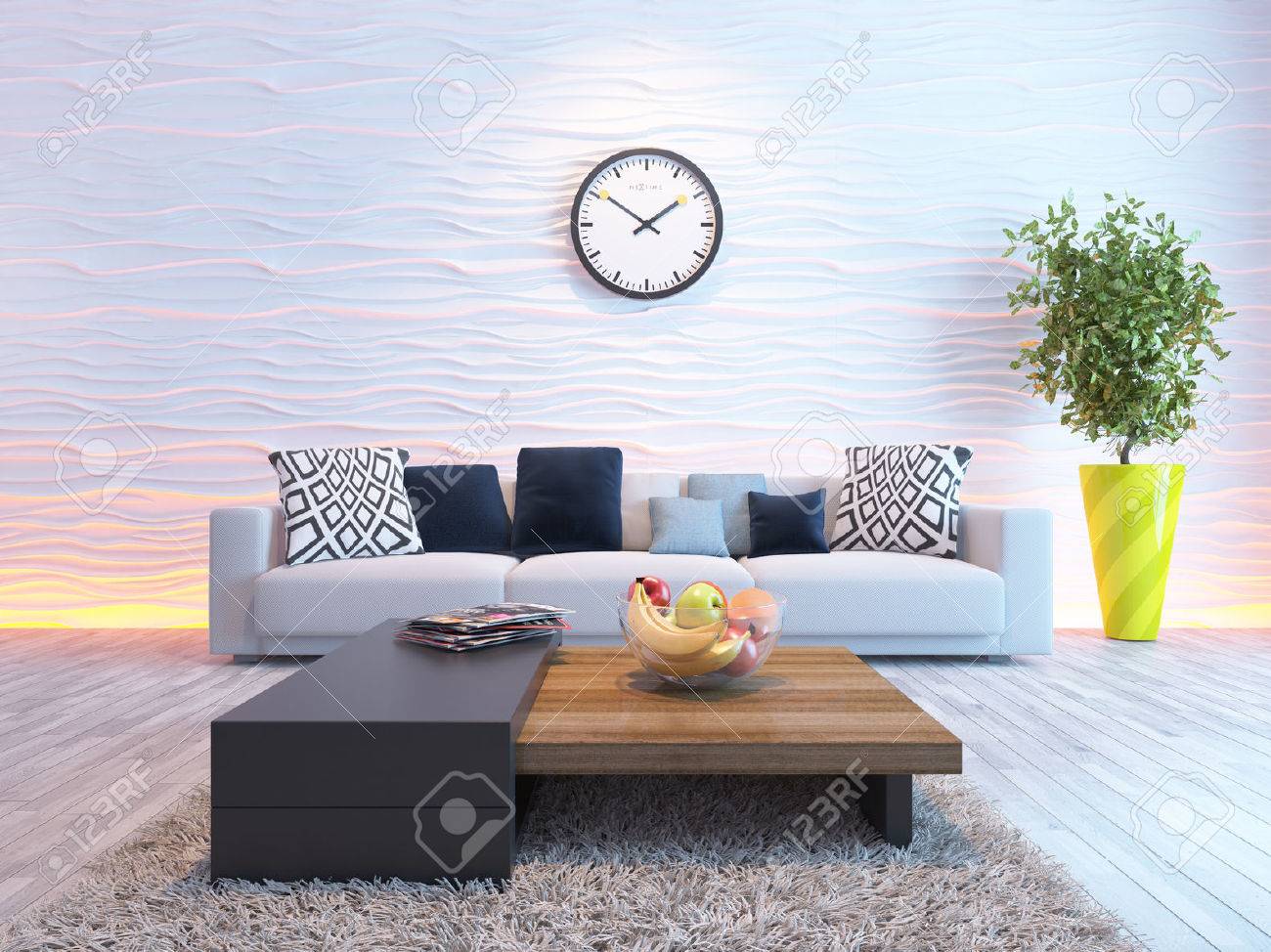 リビング ルームやサルーンのインテリア デザイン シートやソファ 波の壁 3 D レンダリング の写真素材 画像素材 Image