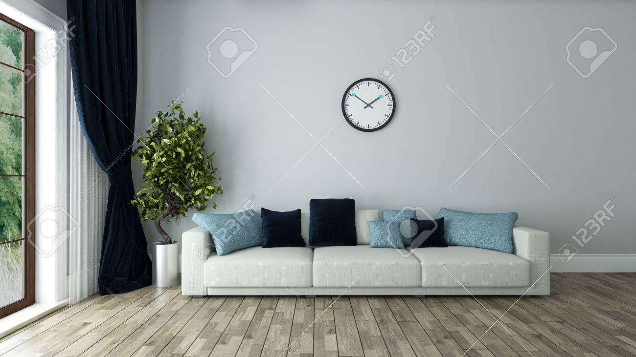 Azul Pared Salon Diseno Interior Con Asiento Y Reloj 3d Fotos