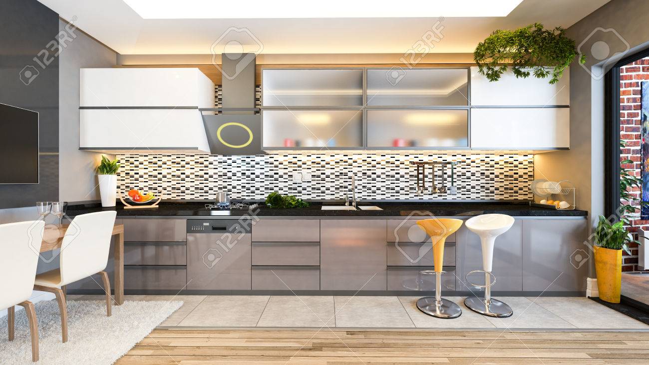 カプチーノ色キッチン デザイン ブラック ホワイト セラミック新鮮な果物と台所マシン 3 D レンダリング の写真素材 画像素材 Image