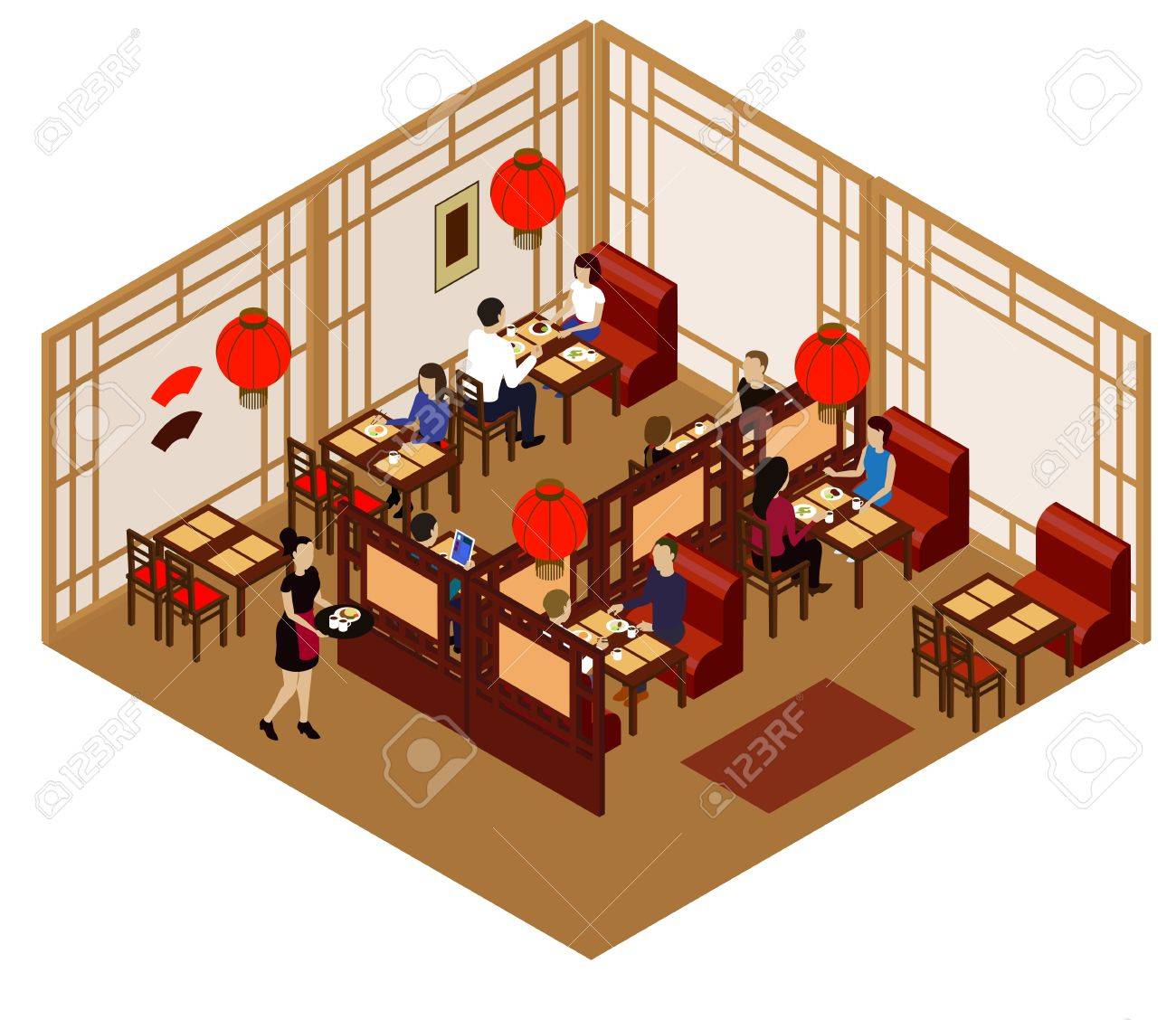 お客様とウェイトレス中国拘束の間します 中国のレストランで等尺性の部屋のイラスト素材 ベクタ Image お客様とウェイトレス中国拘束の間します 中国のレストランで等尺性の部屋のイラスト素材 ベクタ Image
