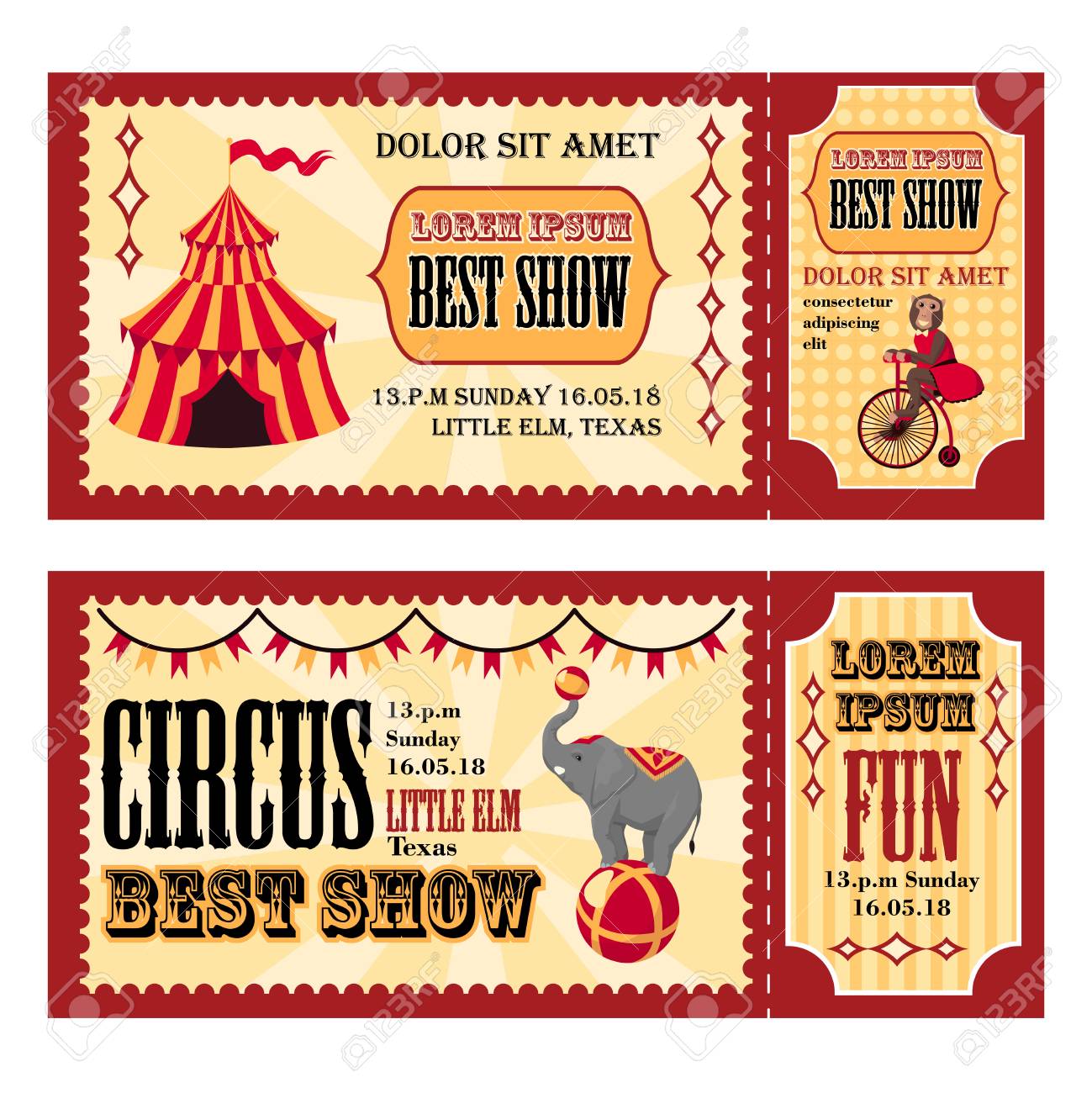 circus tickets design with tent monkey on bike and elephant