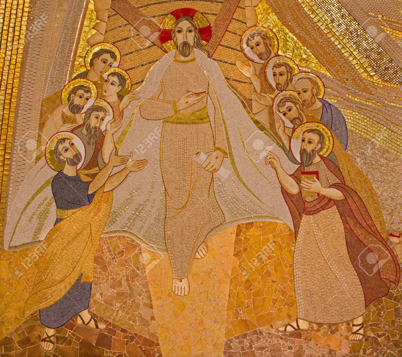 BRATISLAVA , SLOVAKIA - OCTOBER 1, 2014_ The mosaic of resurrected Christ among the apostles in the Saint Sebastian cathedral designed by jesuit Mar?ko Ivan Rupnik (2011). - 32477658 BRATISLAVA , SLOVAKIA - OCTOBER 1, 2014_ The mosaic of resurrected Christ among the apostles in the Saint Sebastian cathedral designed by jesuit Mar?ko Ivan Rupnik (2011). - 32477658