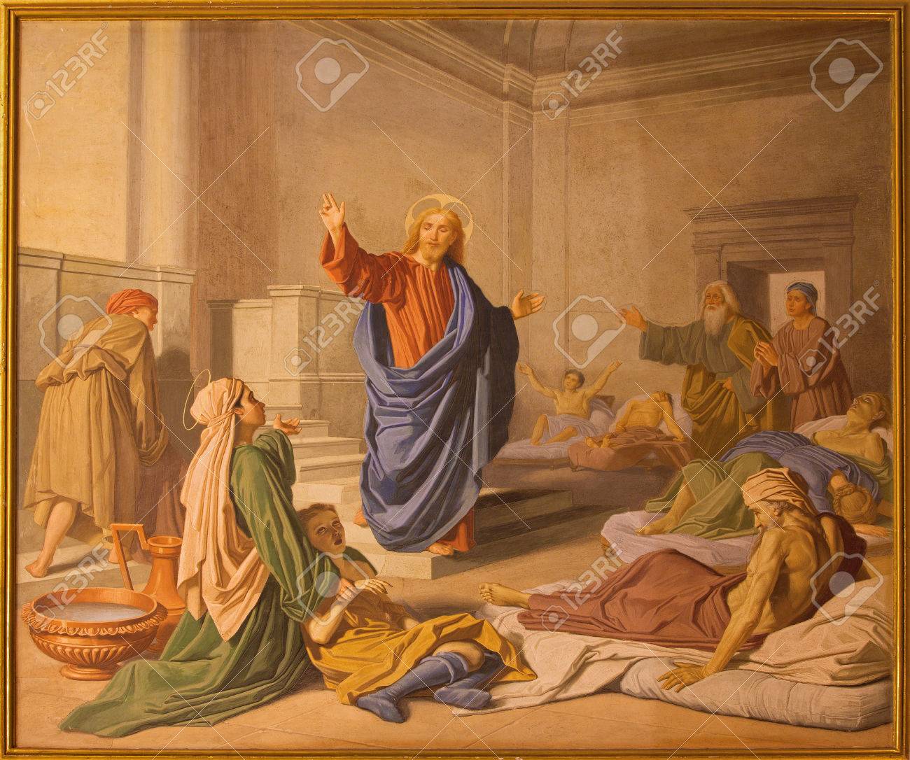 ROME, ITALY - MARCH 27, 2015: The fresco Christ at the healing in side chapel of church Basilica di Sant Andrea della Valle by unkown artist of 19. cent. - 38897111 ROME, ITALY - MARCH 27, 2015: The fresco Christ at the healing in side chapel of church Basilica di Sant Andrea della Valle by unkown artist of 19. cent. - 38897111