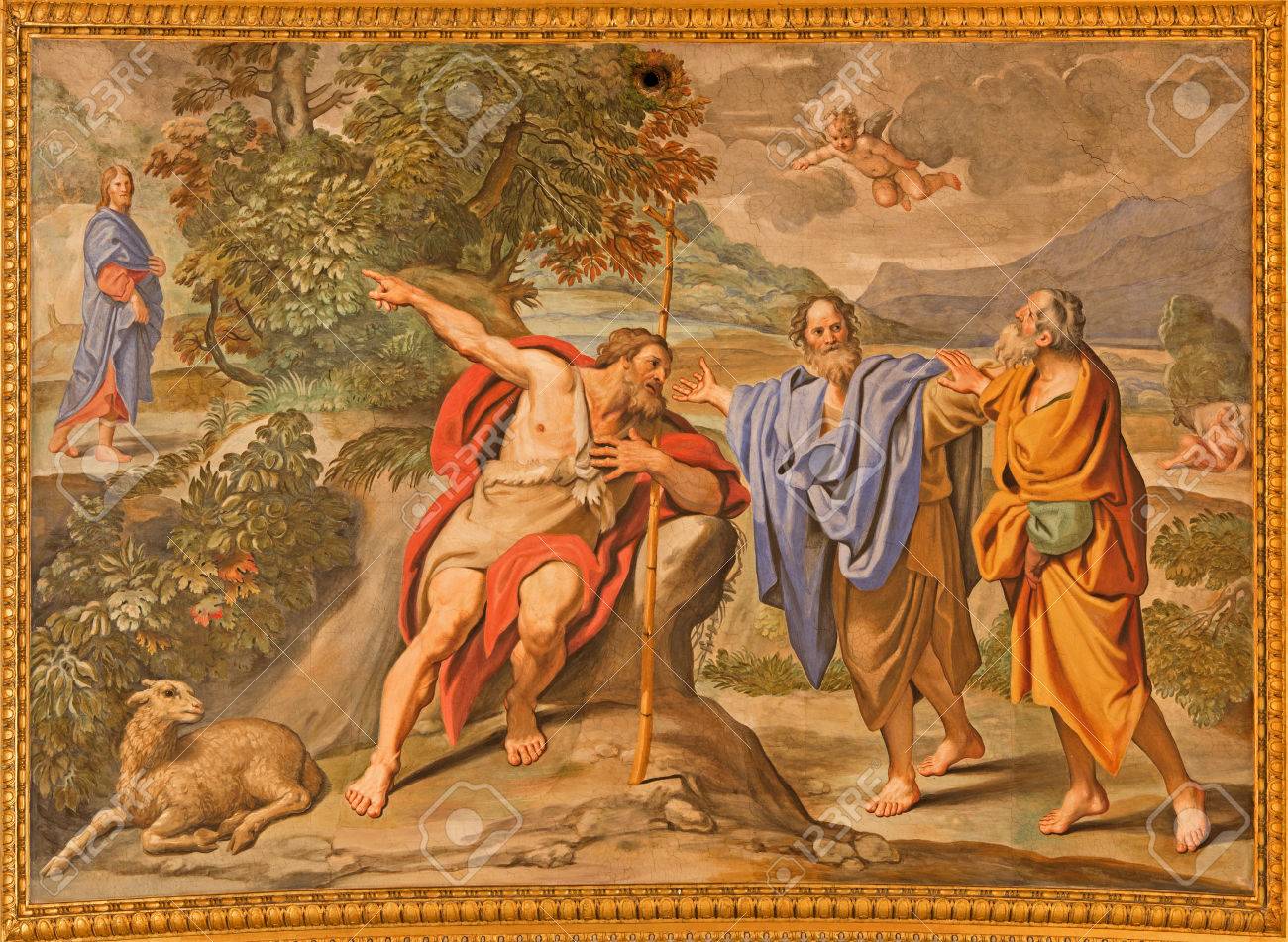 ROME, ITALY - MARCH 27, 2015: The fresco as The John the baptist shows the Christ church Basilica di Sant Andrea della Valle by Domenichino (1621 - 1628) - 39272053 ROME, ITALY - MARCH 27, 2015: The fresco as The John the baptist shows the Christ church Basilica di Sant Andrea della Valle by Domenichino (1621 - 1628) - 39272053