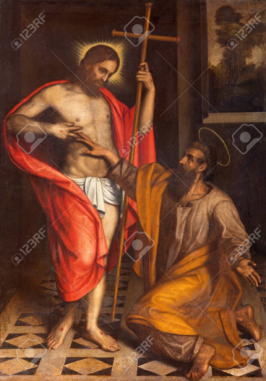 BRESCIA, ITALY - MAY 22, 2016: The painting The Doubt of St. Thomas in church Chiesa di San Faustino e Giovita by unknown artist of 16. cent. - 64692841 BRESCIA, ITALY - MAY 22, 2016: The painting The Doubt of St. Thomas in church Chiesa di San Faustino e Giovita by unknown artist of 16. cent. - 64692841