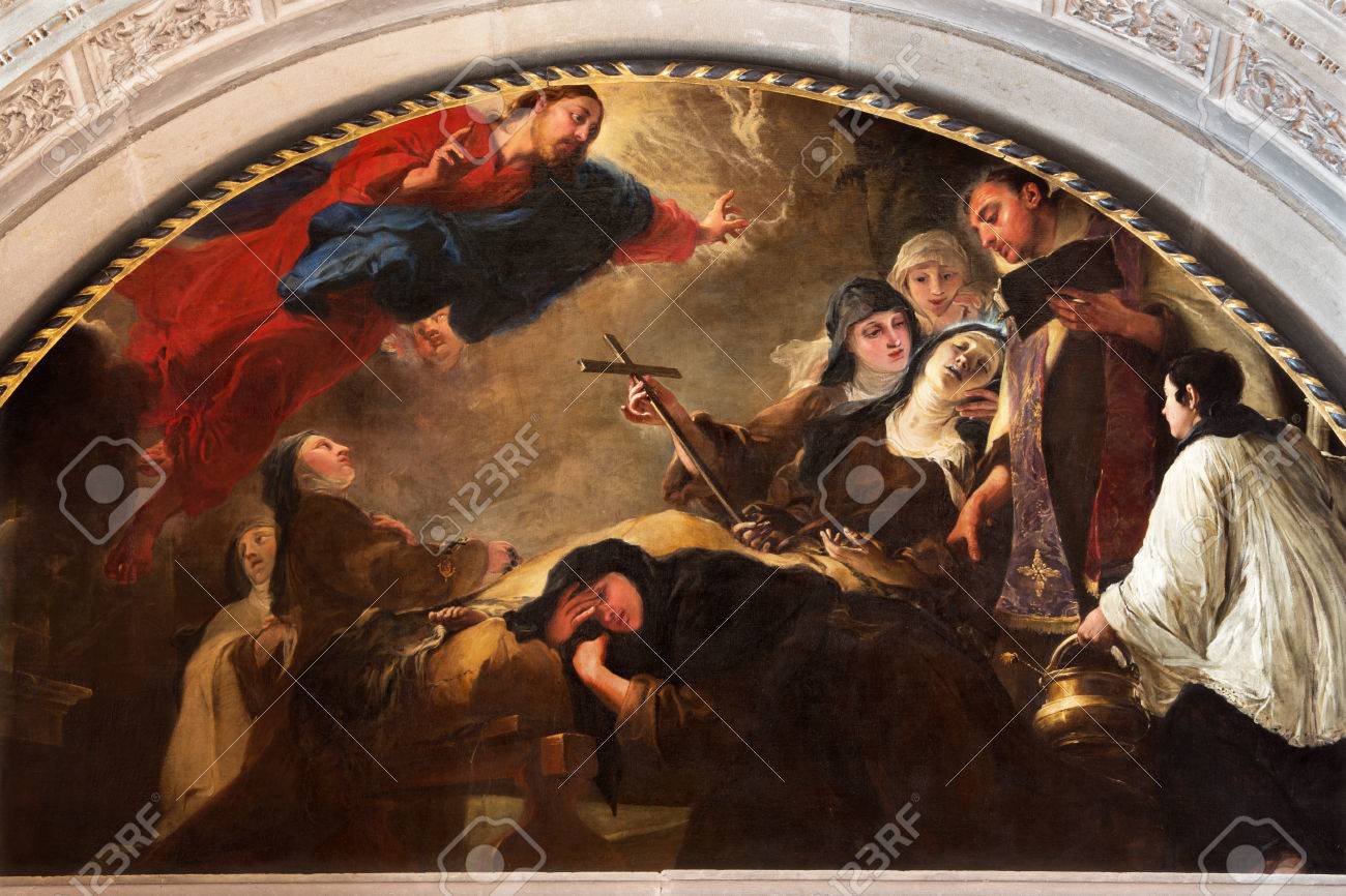 BRESCIA, ITALY - MAY 22, 2016: The painting The death of St. Theresa of Avila in Chiesa di San Pietro in Olvieto by Giovanni Segala da Murano (1696). - 64692878 BRESCIA, ITALY - MAY 22, 2016: The painting The death of St. Theresa of Avila in Chiesa di San Pietro in Olvieto by Giovanni Segala da Murano (1696). - 64692878