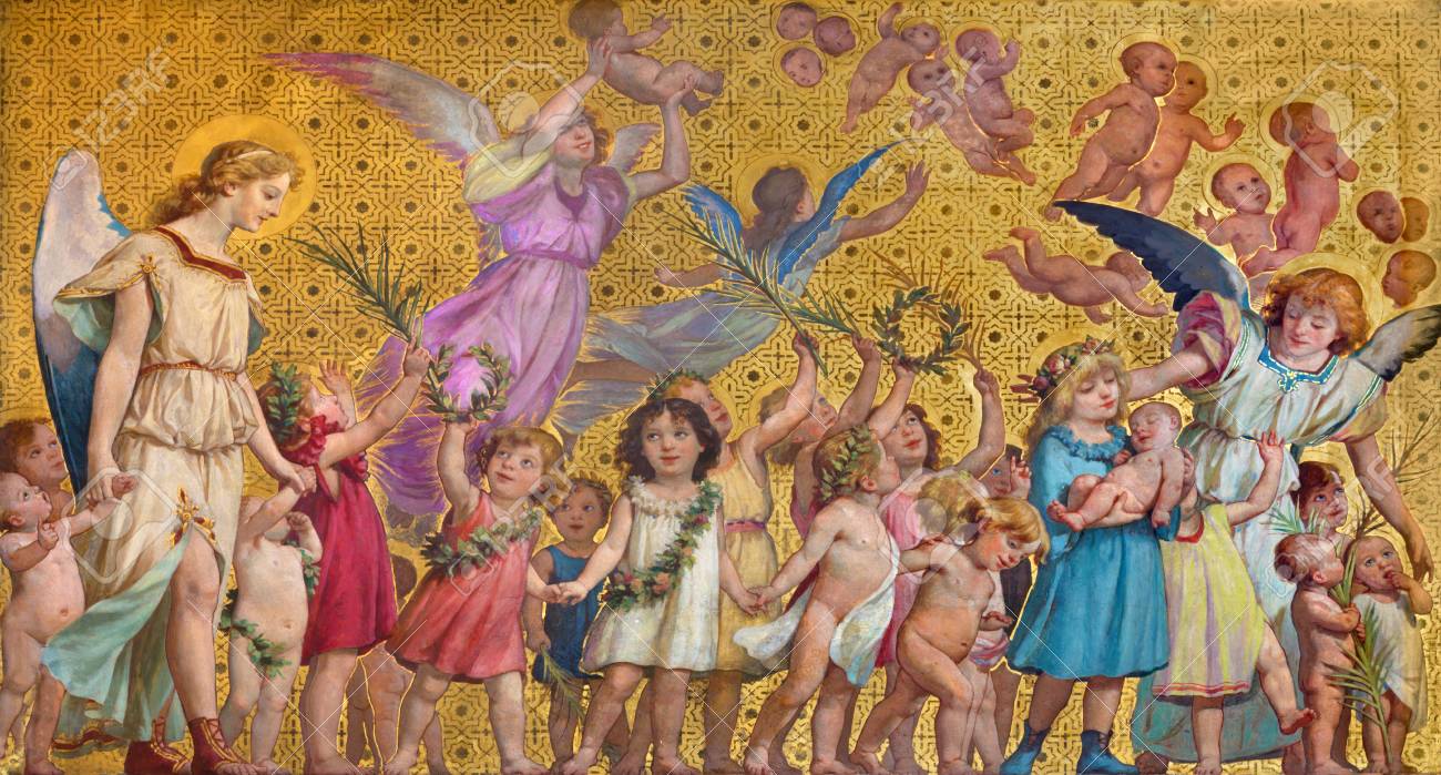 TURIN, ITALY - MARCH 15, 2017: The symbolic fresco of holy innocents children with the angels in church Chiesa di San Dalmazzo by Enrico Reffo (1831-1917). - 83965049 TURIN, ITALY - MARCH 15, 2017: The symbolic fresco of holy innocents children with the angels in church Chiesa di San Dalmazzo by Enrico Reffo (1831-1917). - 83965049