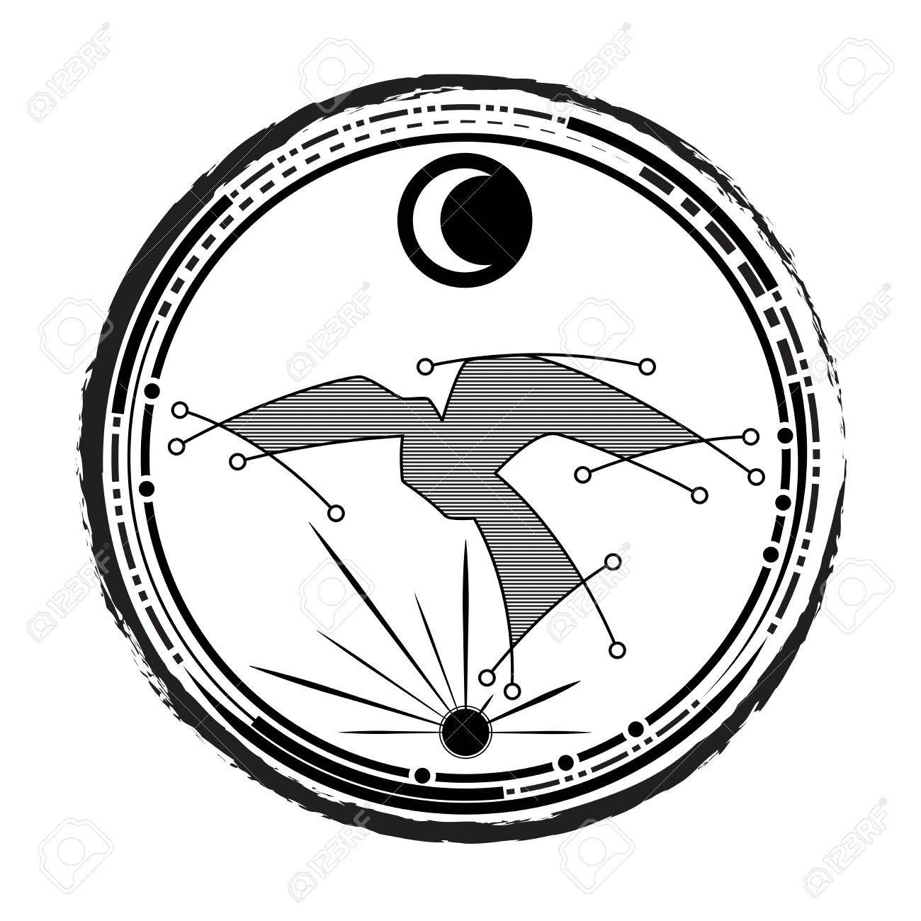 Illustration De Style De Ligne De Tatouage Doiseau Abstrait Et étoile Créer La Forme Définie à Lintérieur Du Cercle Avec Le Soleil Et La Lune