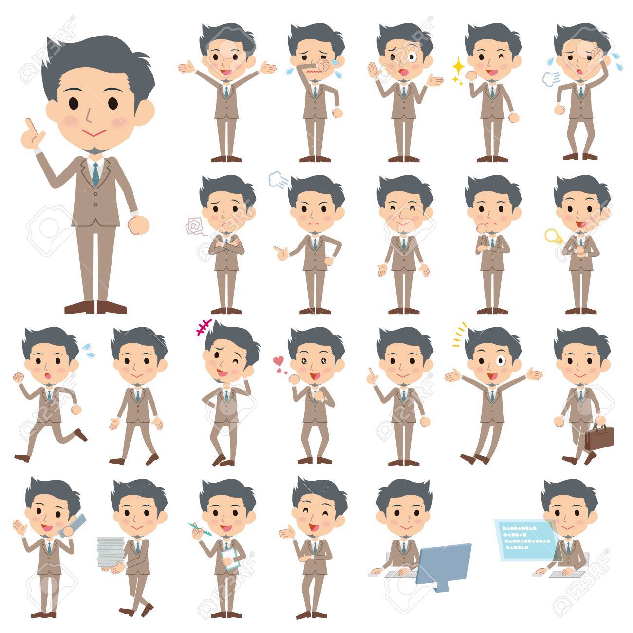 Set Of Various Poses Of Beige Suit Short Hair Beard Man Royalty