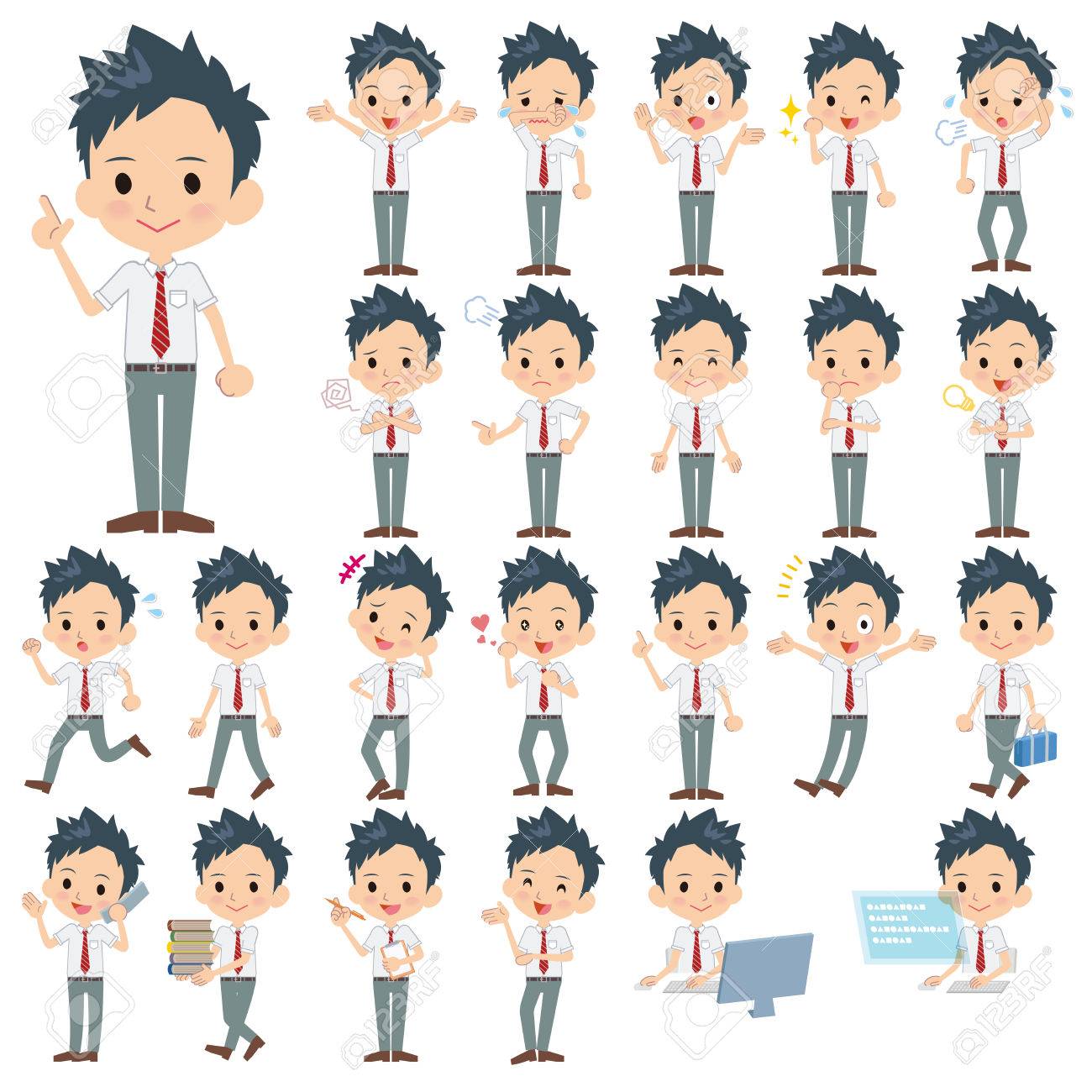 少年の白い半袖シャツの様々 なポーズのセットのイラスト素材 ベクタ Image