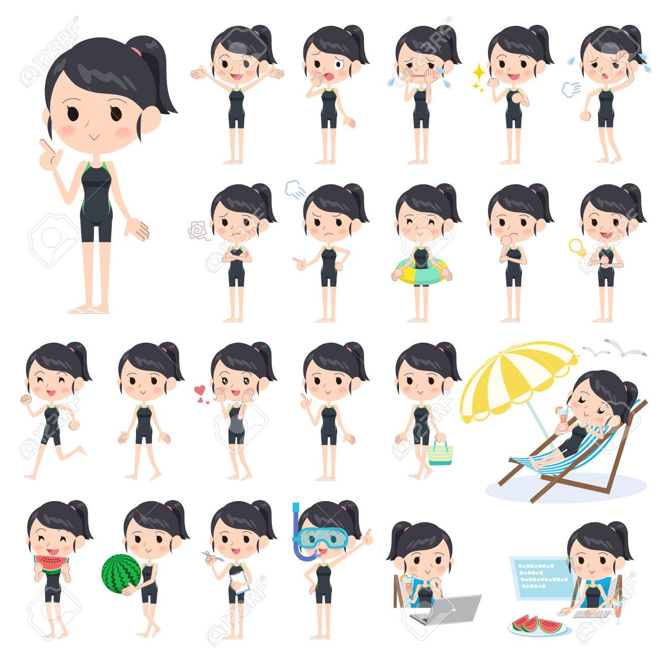 女子高生の競争水着スタイルの様々 なポーズの設定します のイラスト素材 ベクタ Image