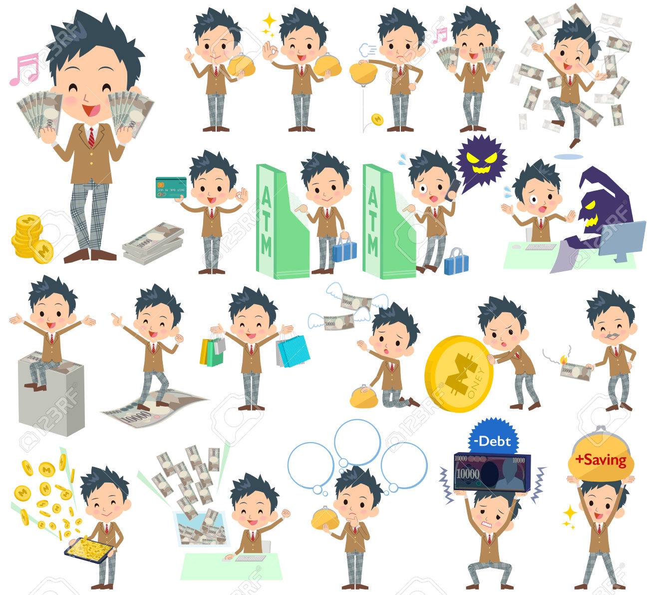 学校の男の子茶色ブレザーお金の Vaus ポーズの設定します のイラスト素材 ベクタ Image