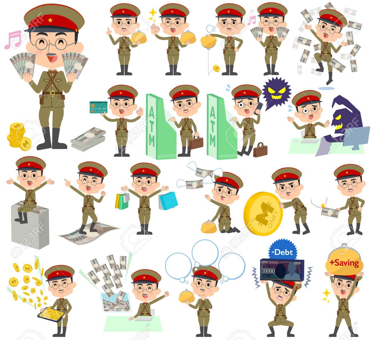ミリタリー ウエア日本スタイルの男お金の様々 なポーズの設定します のイラスト素材 ベクタ Image
