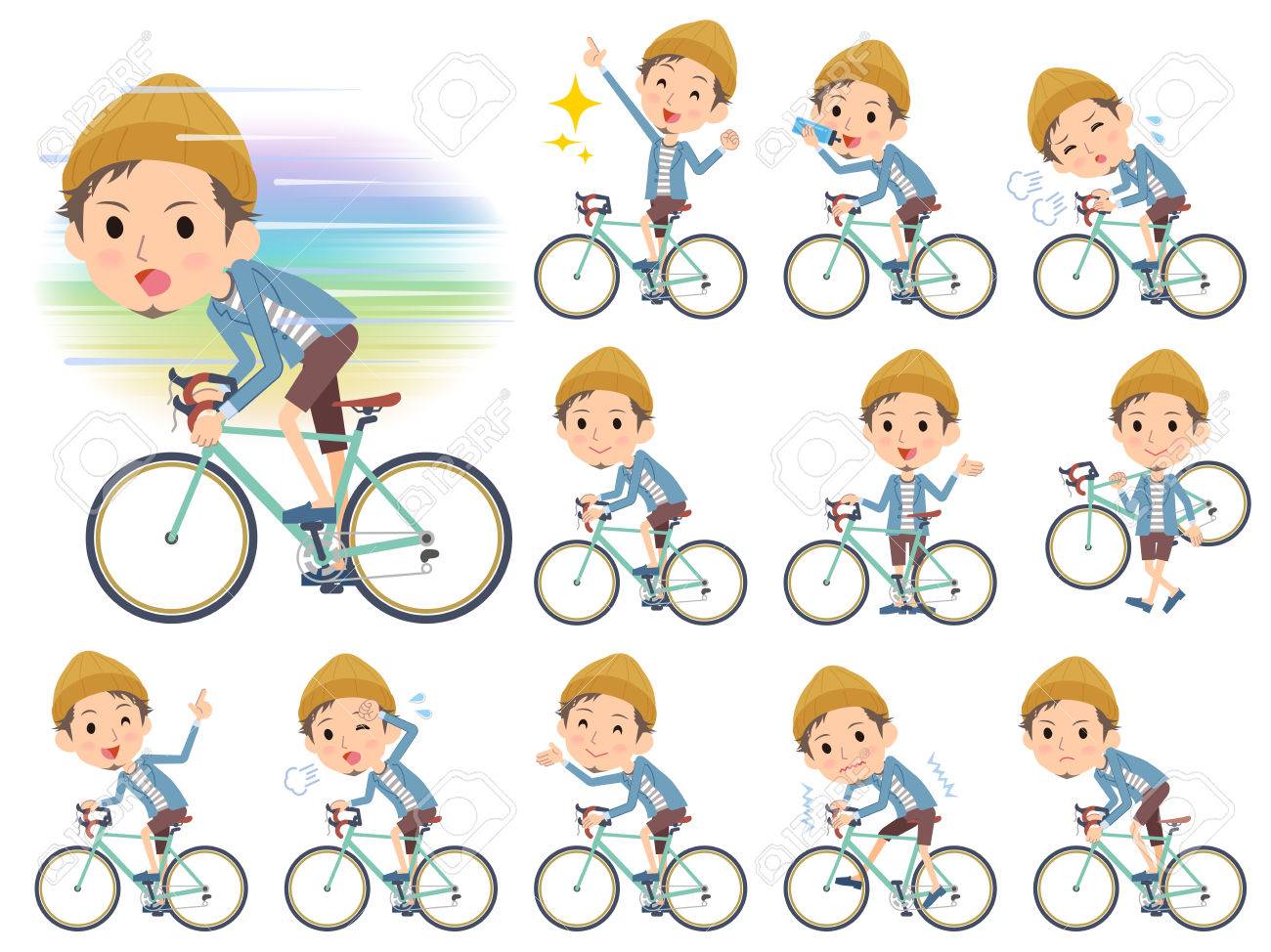 自転車にニット帽男のズボンをジャケット ショートの様々 なポーズのセット のイラスト素材 ベクタ Image