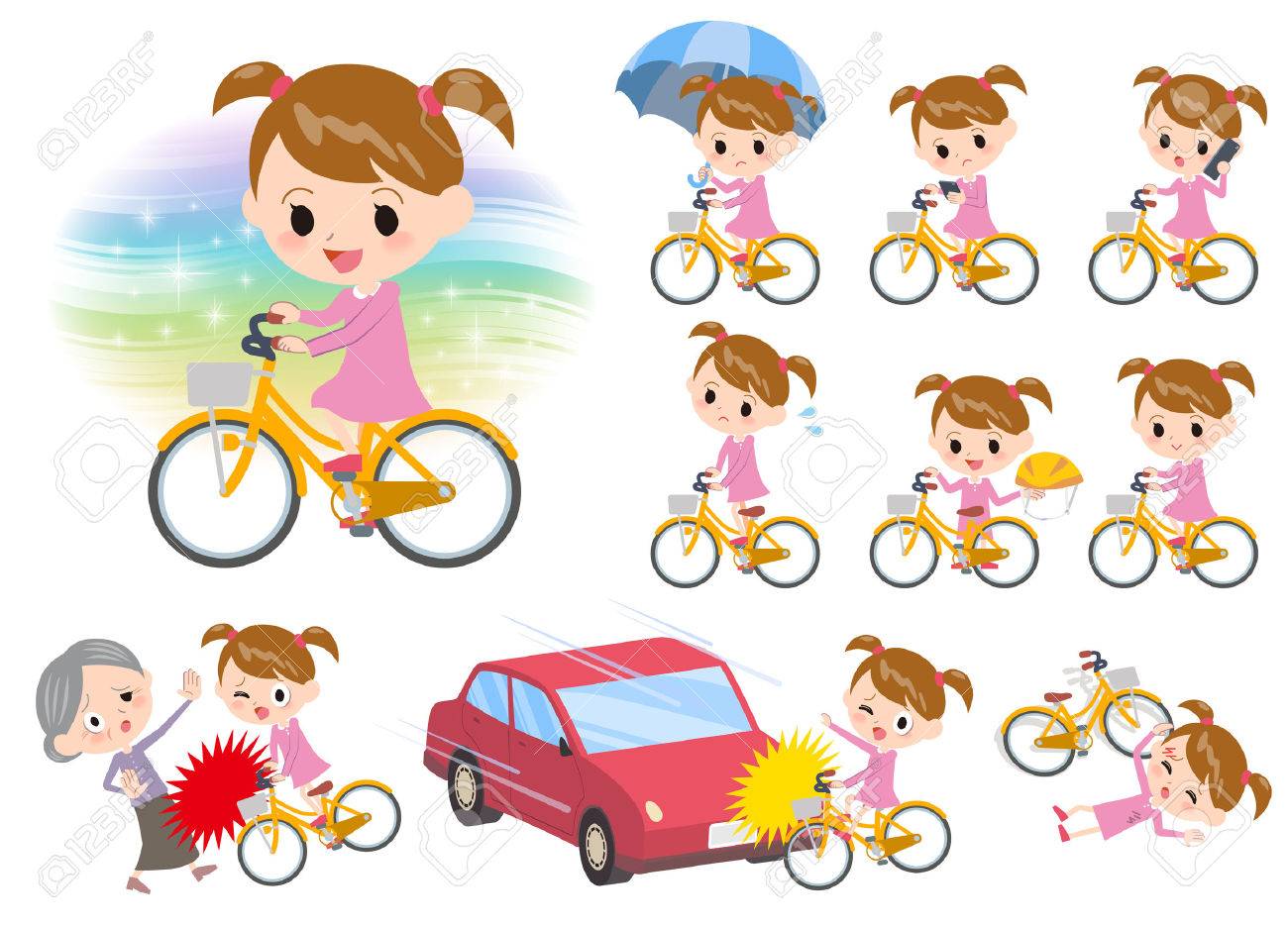 ピンクの服の女の子に乗って市自転車の様々 なポーズのセットのイラスト素材 ベクタ Image ピンクの服の女の子に乗って市自転車の様々 なポーズのセットのイラスト素材 ベクタ Image
