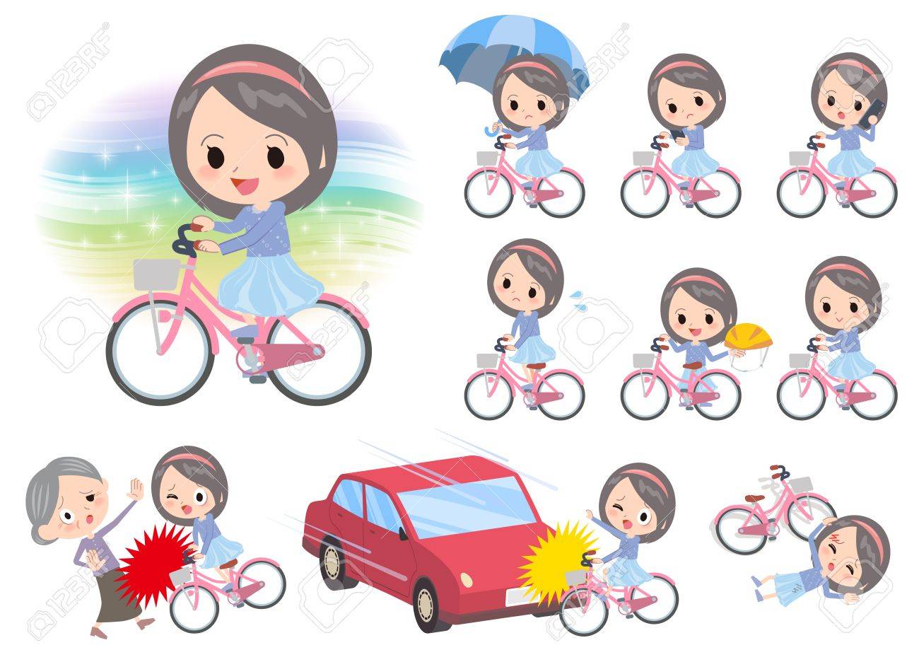 青い服鉢巻き女の子市自転車乗っての様々 なポーズのセット のイラスト素材 ベクタ Image 青い服鉢巻き女の子市自転車乗っての様々 なポーズのセット のイラスト素材 ベクタ Image