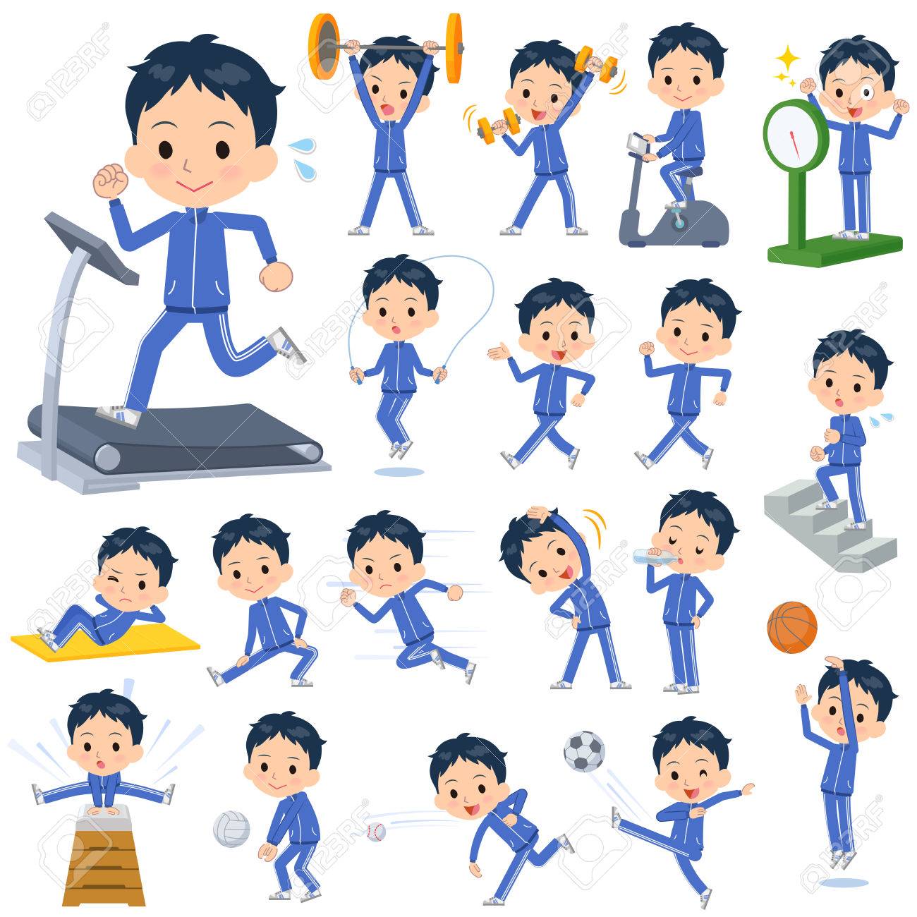 男子校生の様々 なポーズのセット ブルー ジャージー スポーツ 運動 のイラスト素材 ベクタ Image