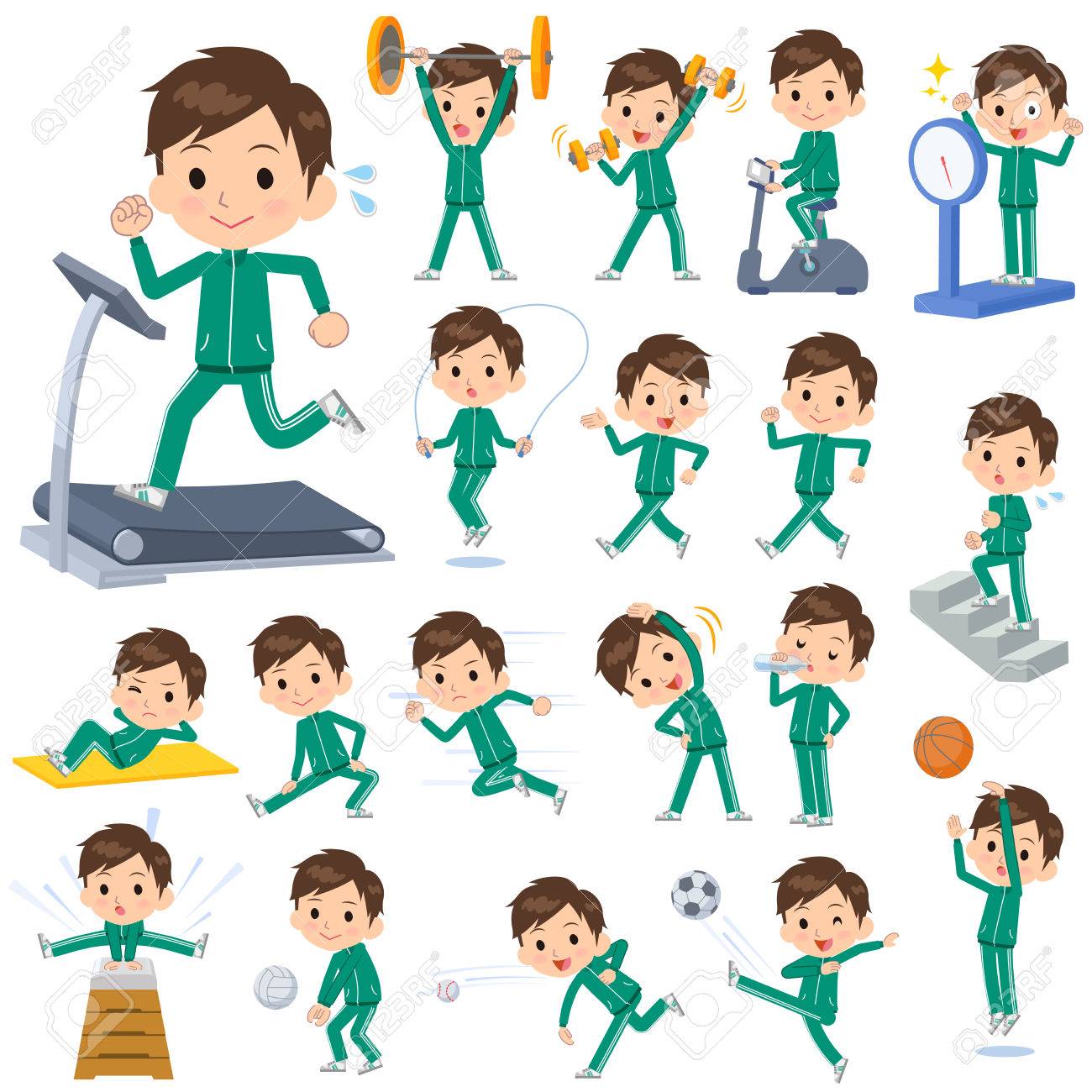 男子校生の様々 なポーズのセット ジャージー スポーツ 運動をグリーン のイラスト素材 ベクタ Image