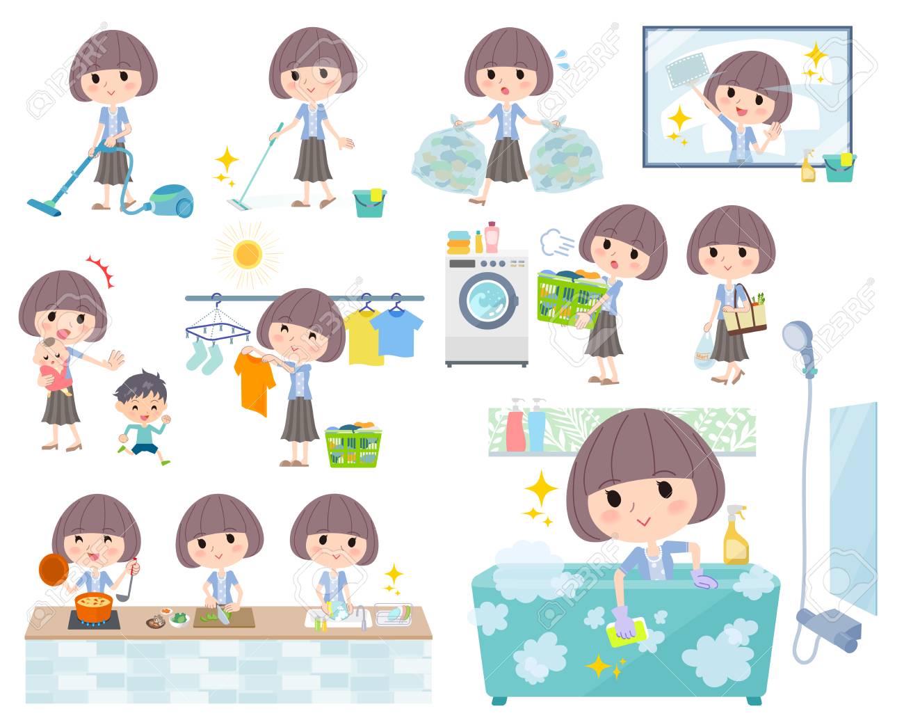 set of various illustration of a woman doing different household