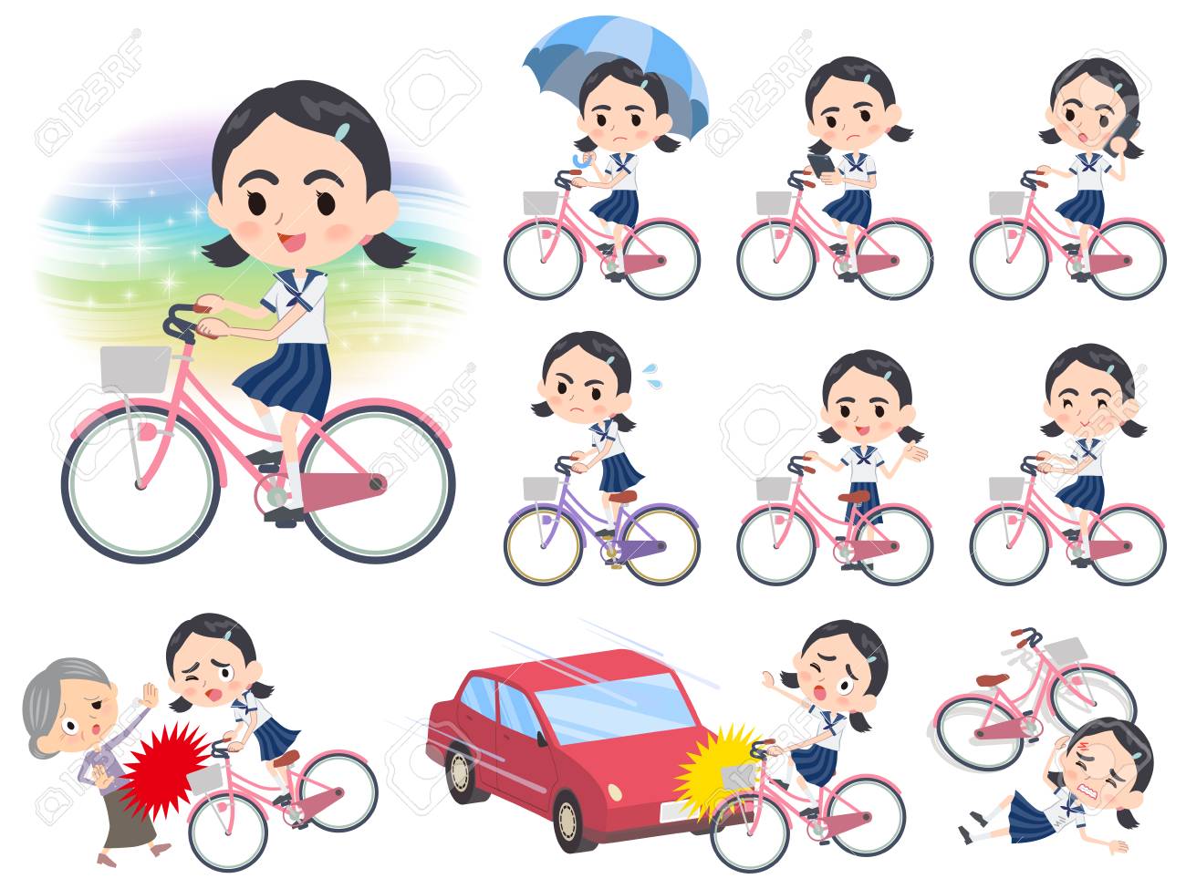 セーラー服濃い眉の女の子市自転車の様々 なポーズの設定します のイラスト素材 ベクタ Image