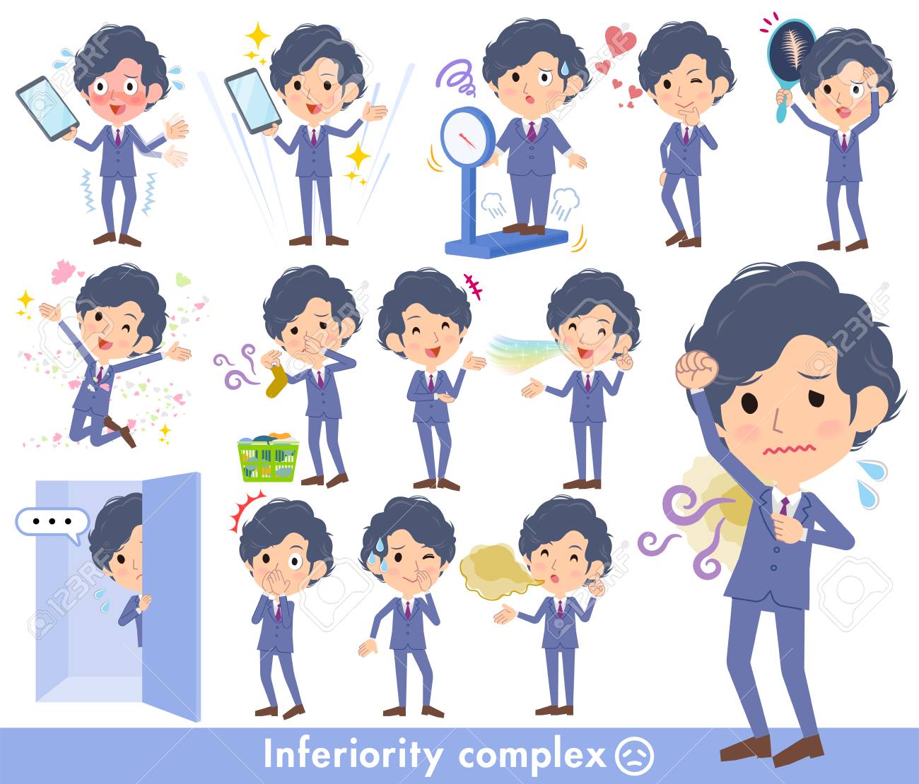 漫画イラストで劣等で紺のスーツ パーマの髪の男性 のイラスト素材 ベクタ Image