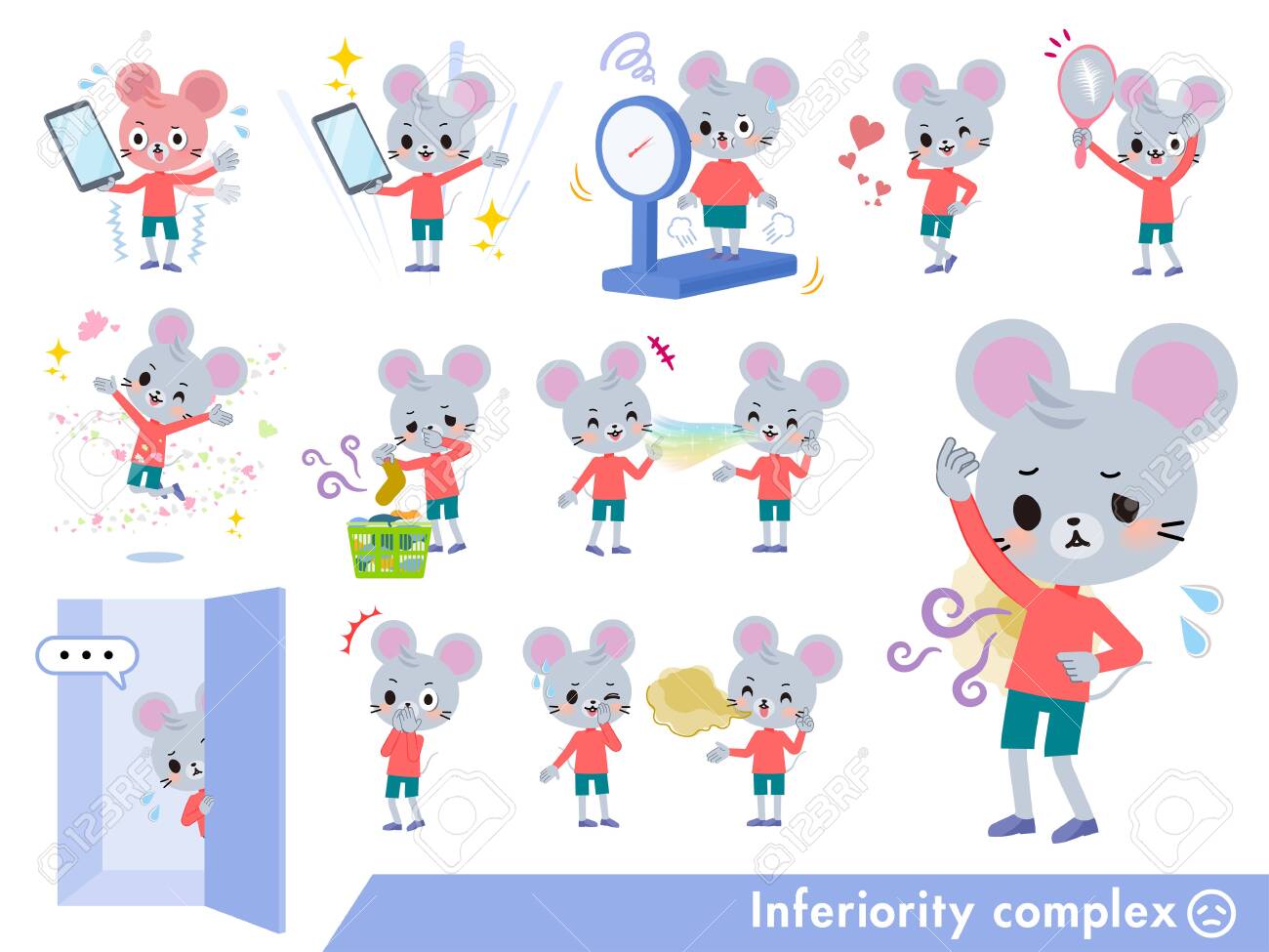 A set of mouse boy on inferiority complex.There are actions suffering from smell and appearance.It's vector art so it's easy to edit. - 126399331 A set of mouse boy on inferiority complex.There are actions suffering from smell and appearance.It's vector art so it's easy to edit. - 126399331