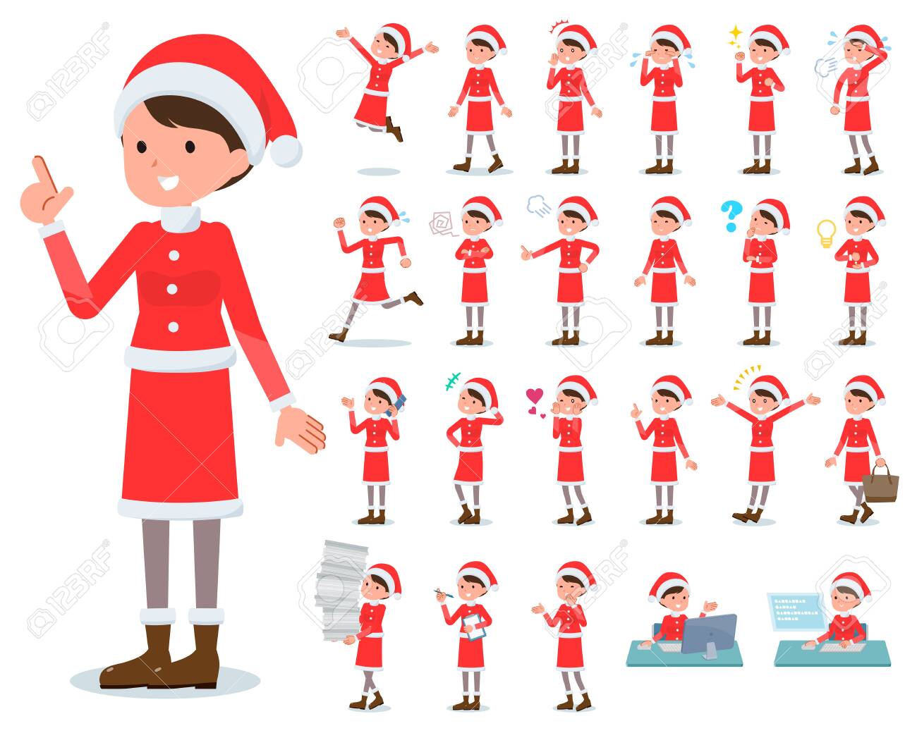 A Set Of Santa Claus Costume Women With Who Express Various Emotionsthere
