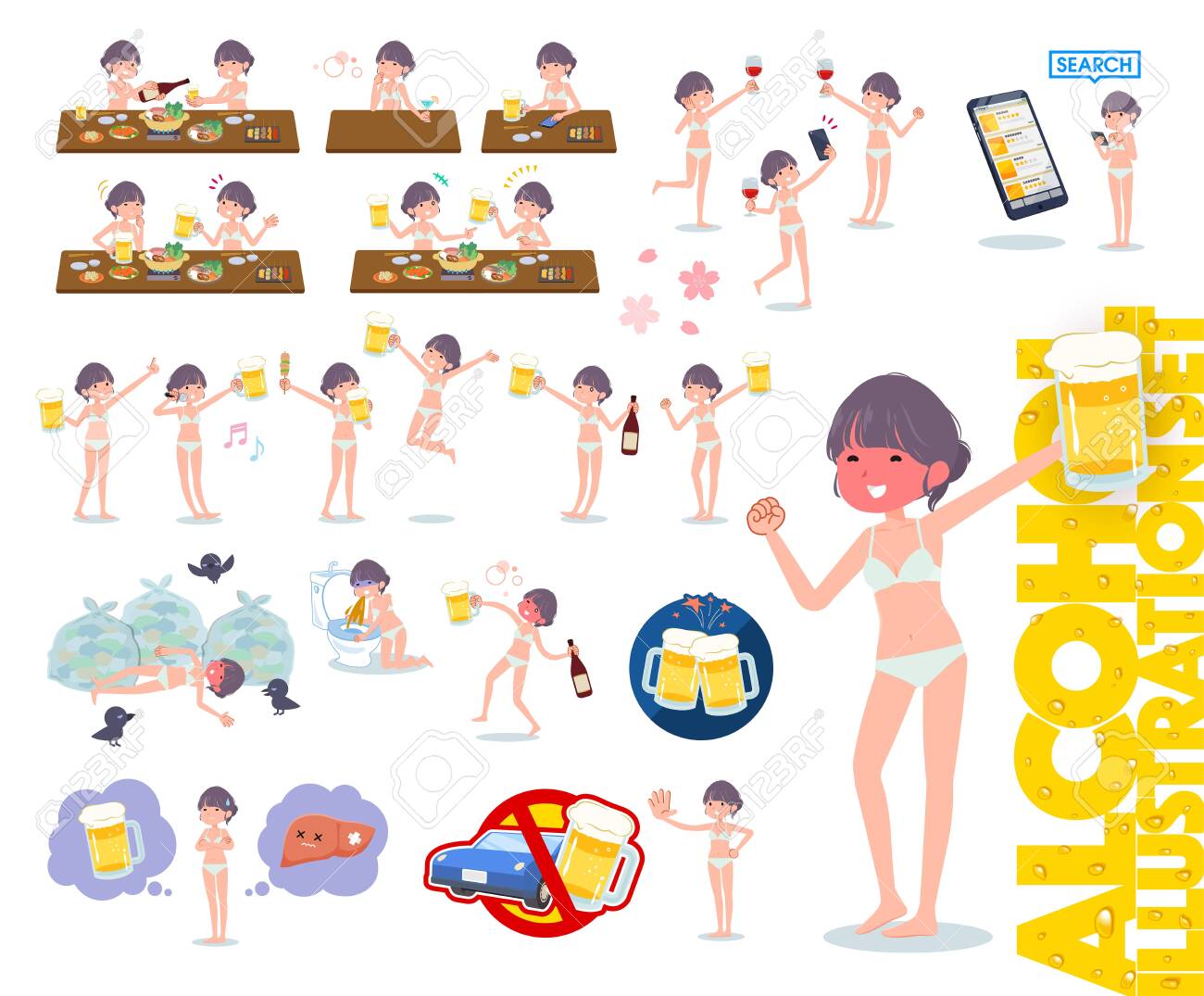 A set of women in underwear related to alcohol.There is a lively appearance and action that expresses failure about alcohol.It's vector art so it's easy to edit. - 143366074 A set of women in underwear related to alcohol.There is a lively appearance and action that expresses failure about alcohol.It's vector art so it's easy to edit. - 143366074