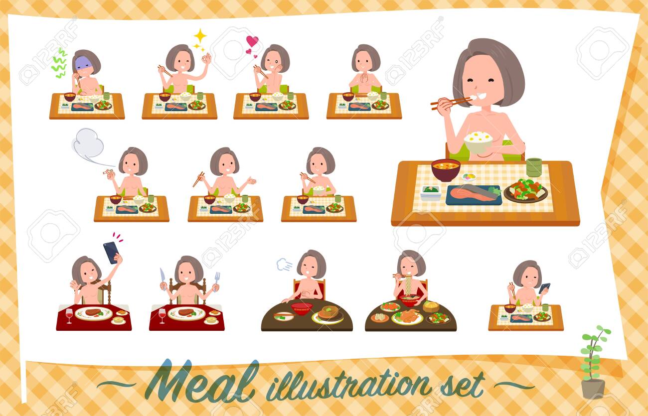 ヌードクッキング 食事についてのヌード女性のセット。和食・中華料理、洋食など。ベクターアートなので、編集しやすいです。のイラスト素材・ベクター Image  143366134