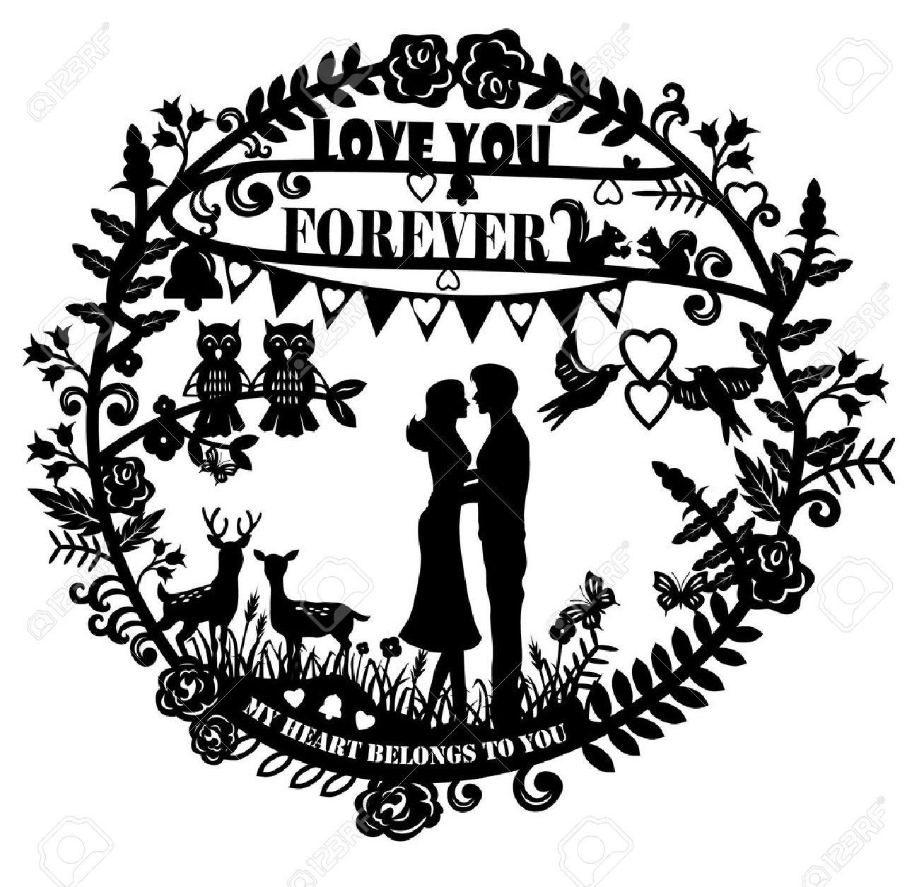 Paper cut arts - silhouette of man and woman hugging and animals couple with text love you forever - 35382148 Paper cut arts - silhouette of man and woman hugging and animals couple with text love you forever - 35382148