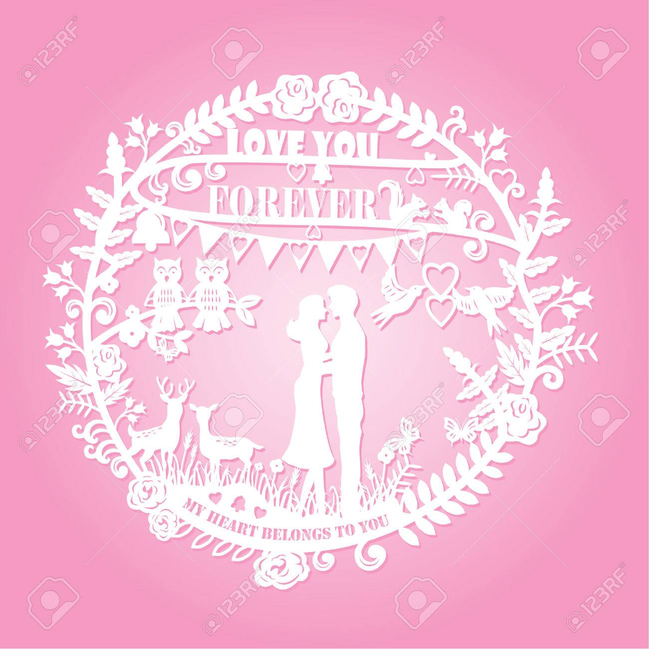 紙カット アーツ 男のシルエットとテキストと女性ハグや動物カップル永遠にあなたを愛してのイラスト素材 ベクタ Image