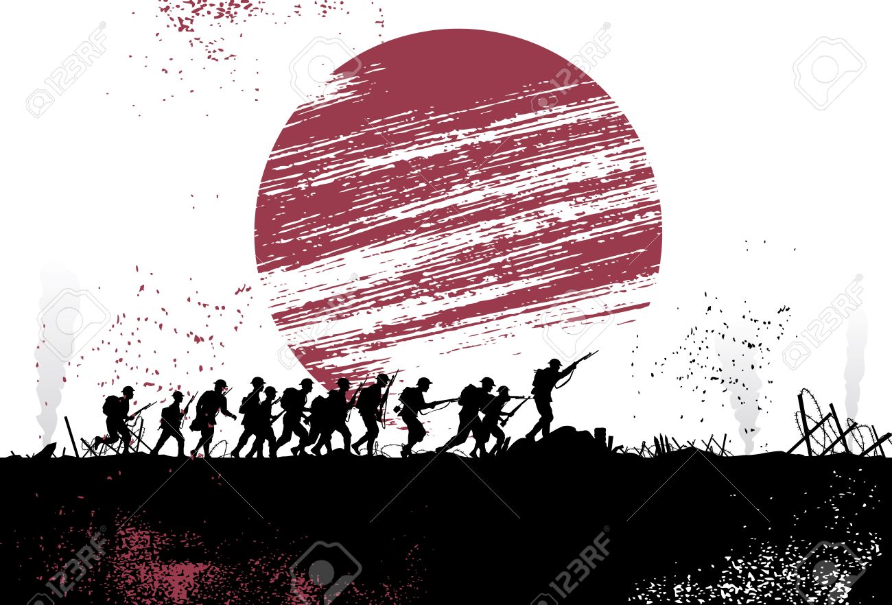 Silhouette group of soldiers in battlefield with Japanese flag as a background. All objects are grouped. - 52178444 Silhouette group of soldiers in battlefield with Japanese flag as a background. All objects are grouped. - 52178444