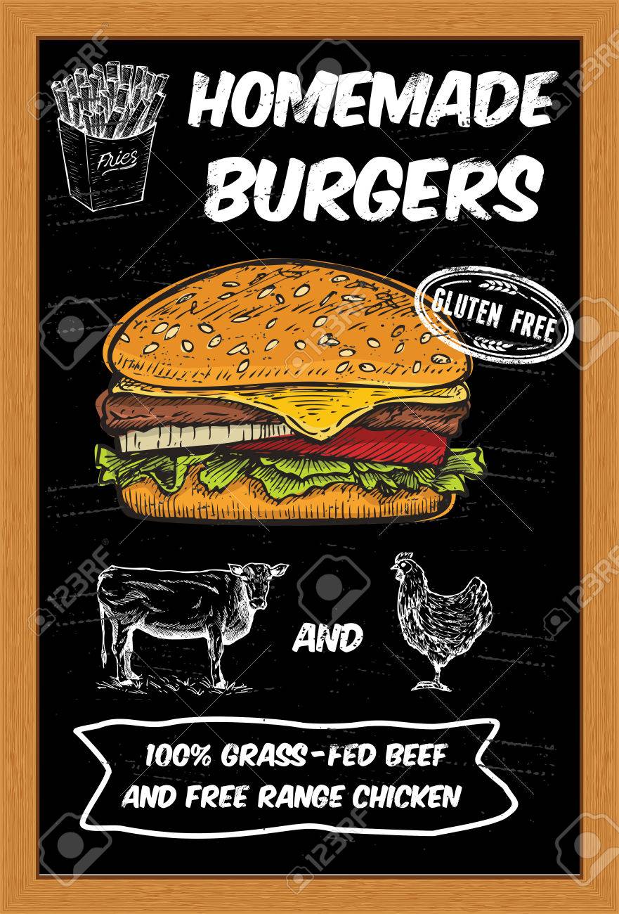 黒板に描かれたハンバーガーを手します のイラスト素材 ベクタ Image