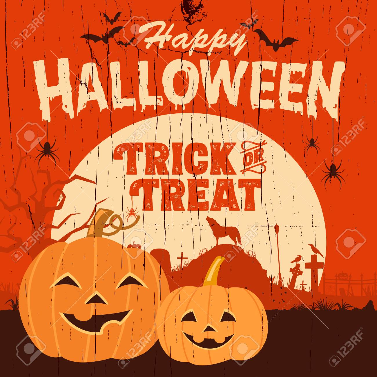 Muestra De Halloween Con La Ilustracion De Calabazas Felices En Un Tablero De Madera Ilustraciones Vectoriales Clip Art Vectorizado Libre De Derechos Image