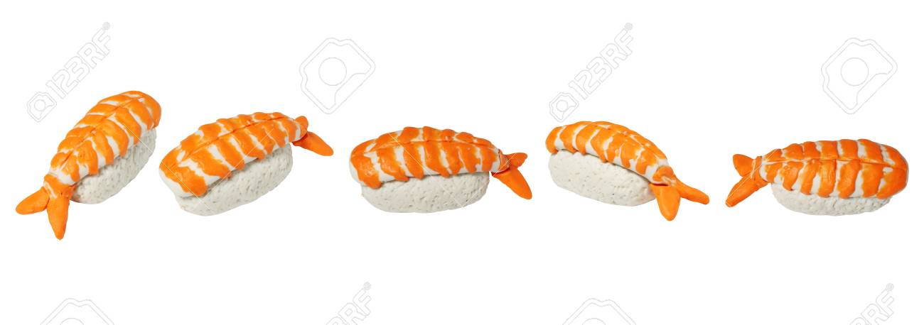 白い背景の上の日本の粘土からミニチュア海老寿司モデル の写真素材 画像素材 Image