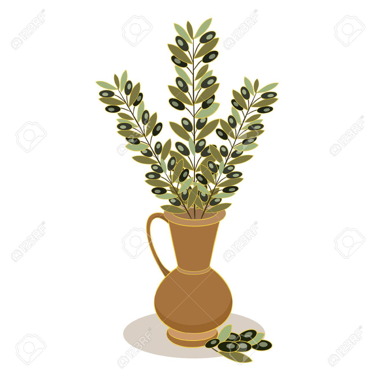 白い背景の上の粘土の水差しのオリーブの枝 ベクトル図 のイラスト素材 ベクタ Image