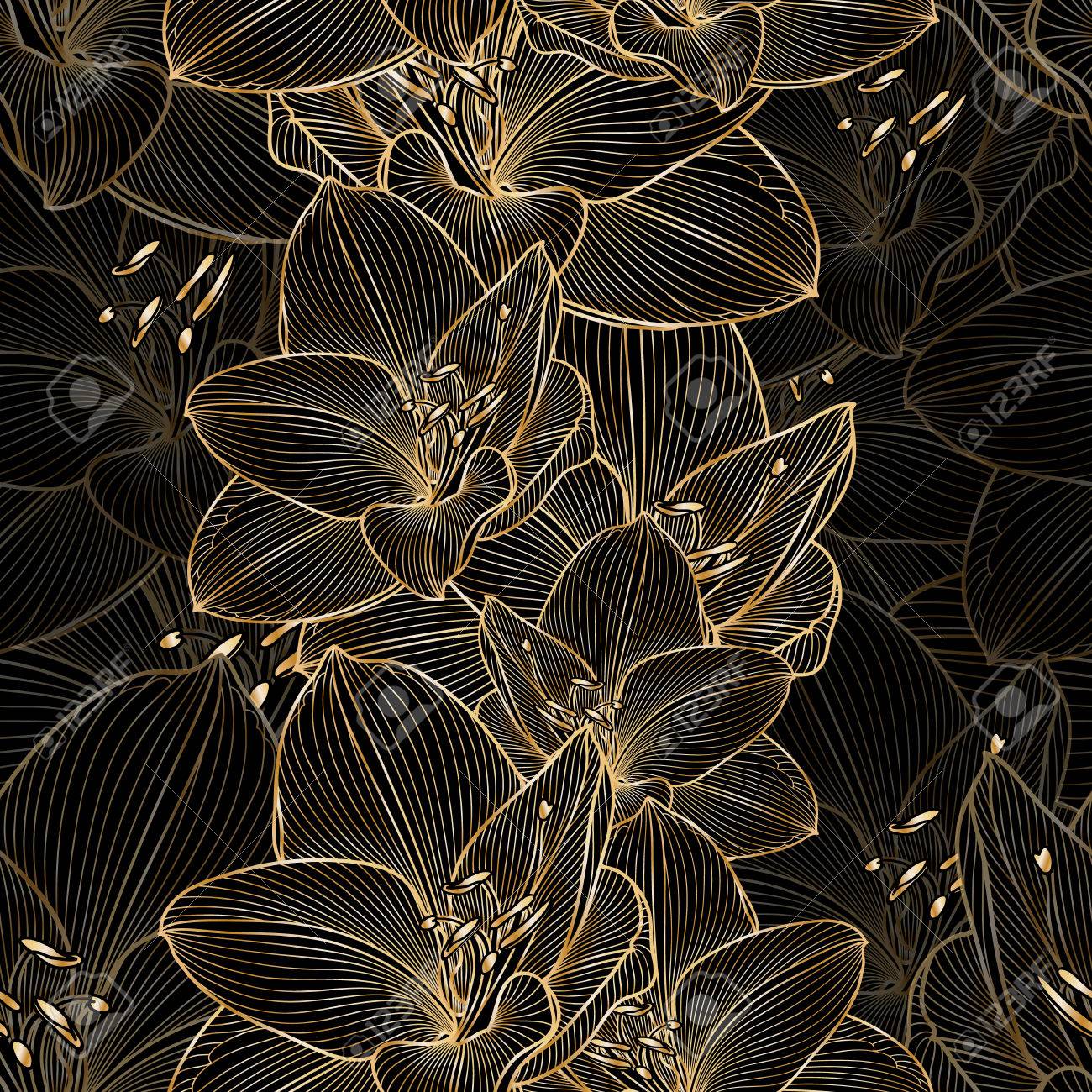 Fond Floral Sans Couture Dor Dessin à La Main Avec Lamaryllis De Fleur