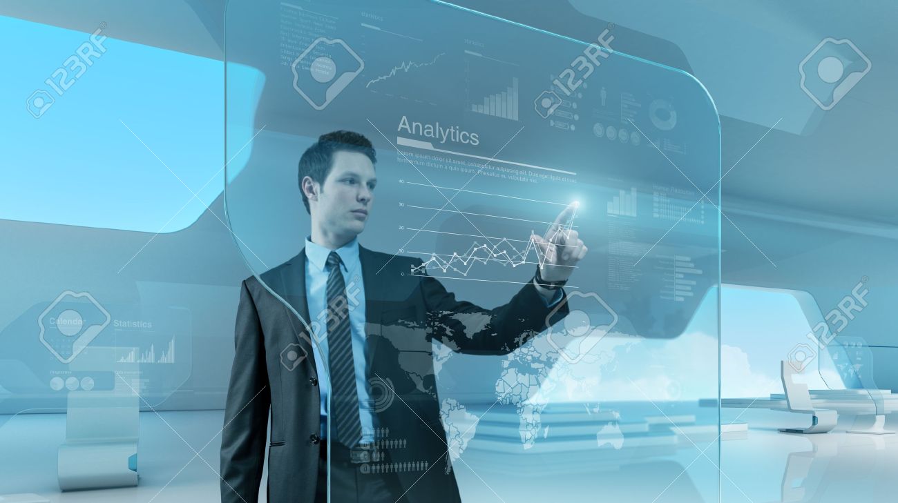 Future Technology Touchscreen Interface Man Touching Screen Interface In Hi Tech Interior Businessman Drawing Chart In Futuristic Office Stock Photo Picture And Royalty Free Image Image 17880285