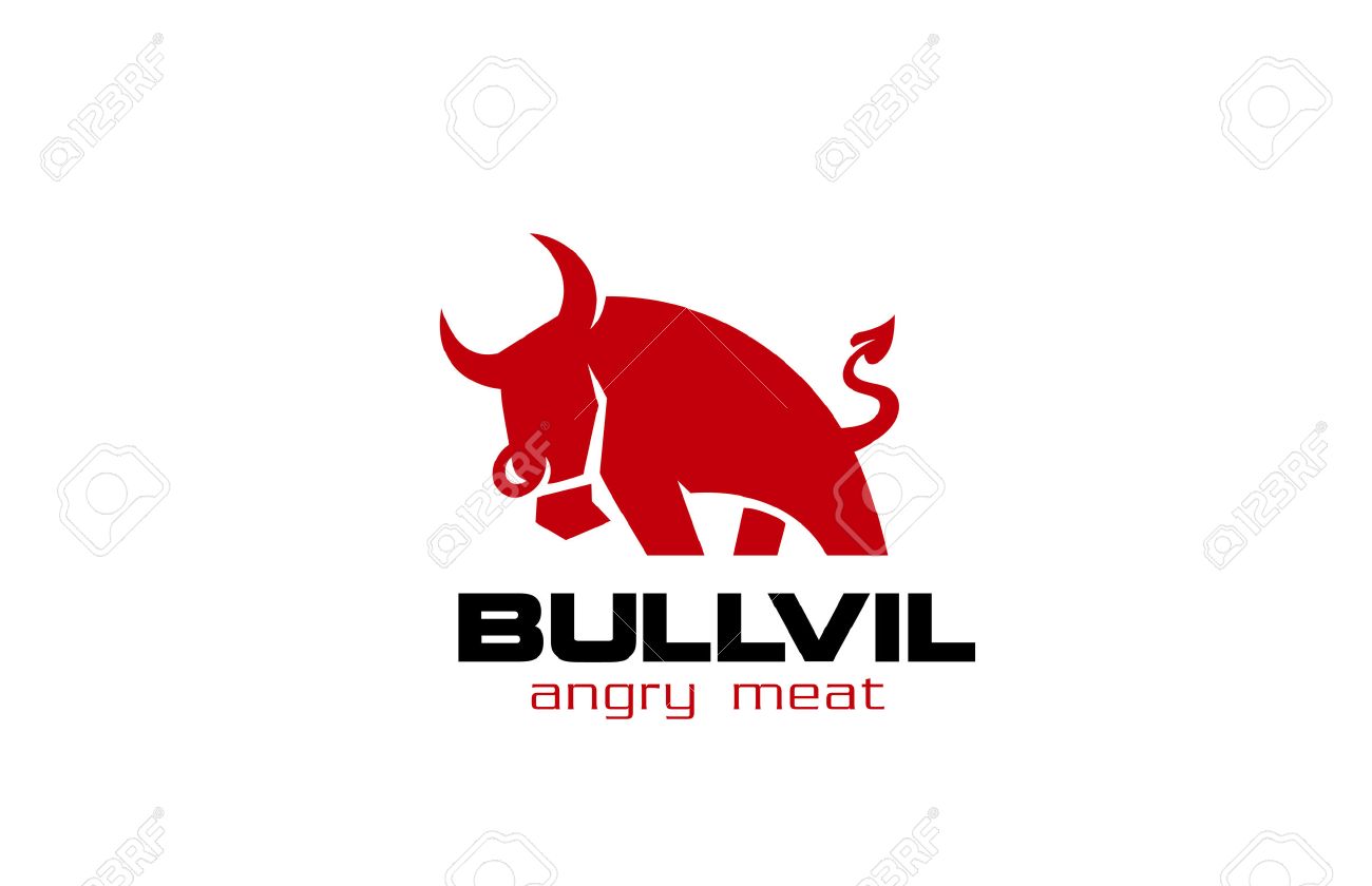 レッド ブルのロゴ デザイン ベクトル テンプレートです 悪魔の尻尾と怒っている牛 面白い創造的なシンボルのコンセプトです 牛ファーム ロゴのアイデア のイラスト素材 ベクタ Image