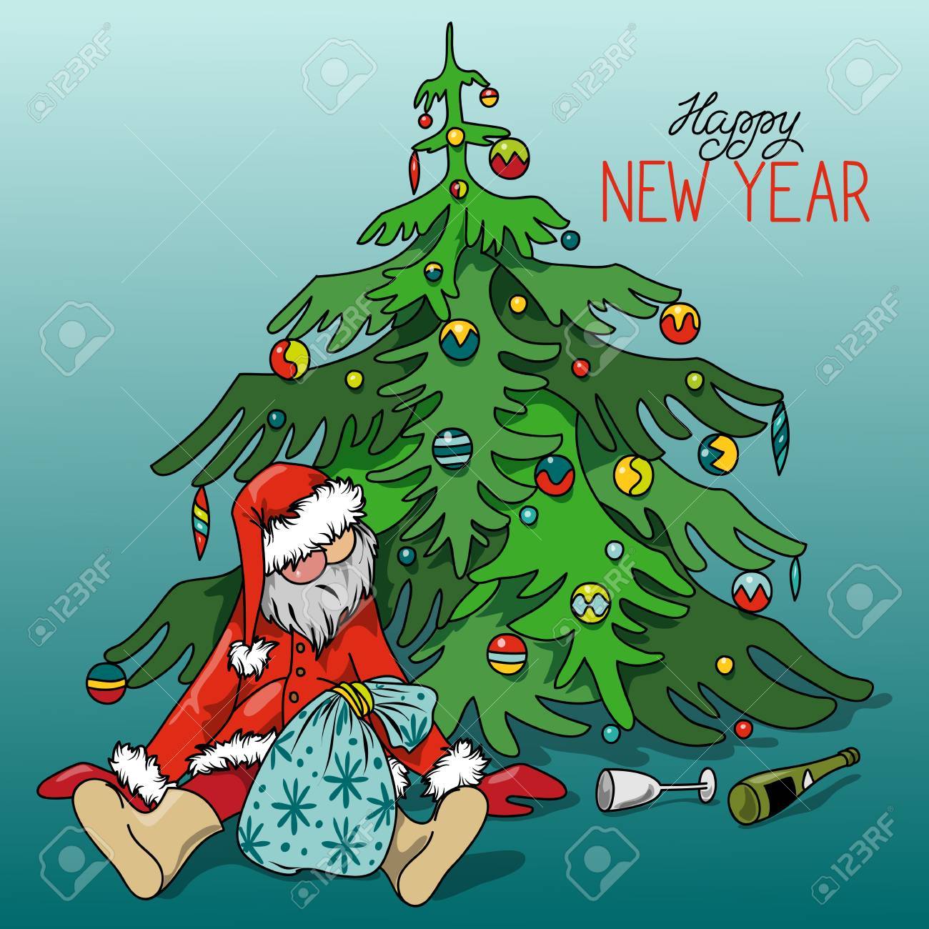 Cartoon Drunk Santa Claus With Gifts Under The Christmas Tree Hand Drawn Vector Illustration
