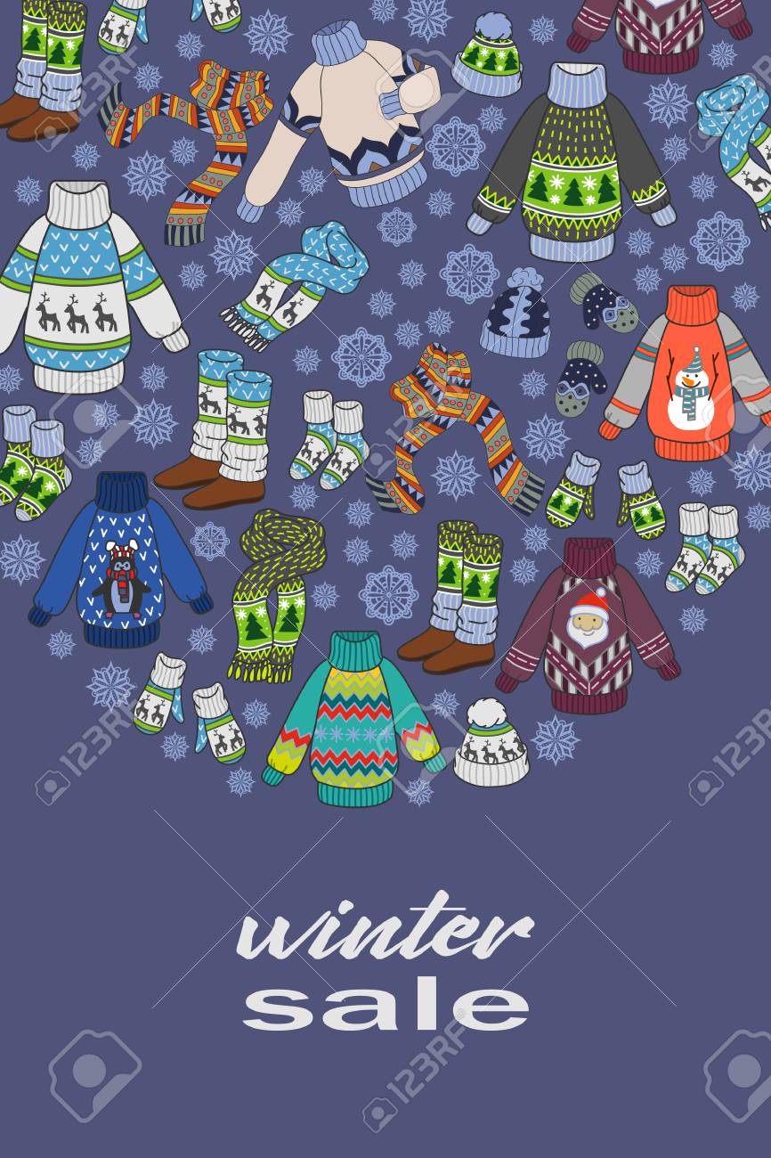 winter sale doodles seasonal clothes flyer template or postcards