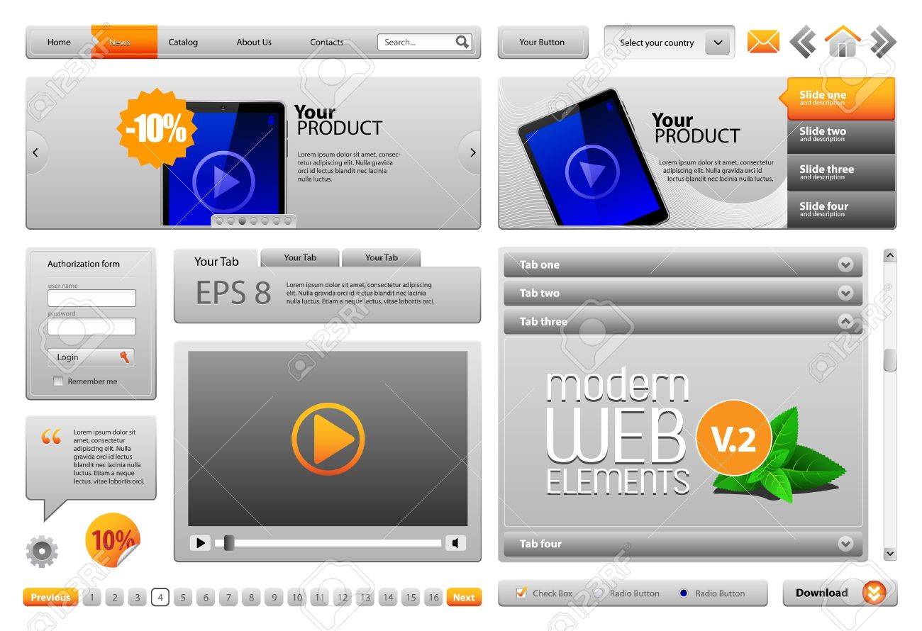 gray modern website design elements v 2 buttons form slider slider tab