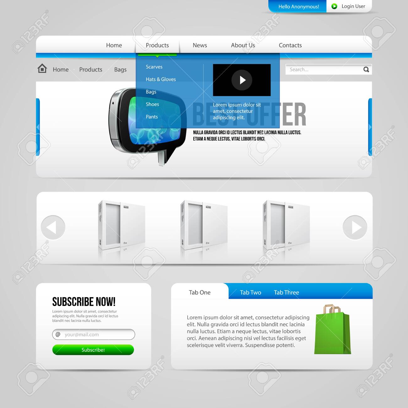 웹 UI가, 어둠의 빛 탐색 바, 버튼, 슬라이더, 메시지 상자, 탭, 드롭 다운 메뉴, 로그인 폼, 검색에 요소 회색과 파란색을 제어  구독, 스크롤러 로열티 무료 사진, 그림, 이미지 그리고 스톡포토그래피. Image 30317746