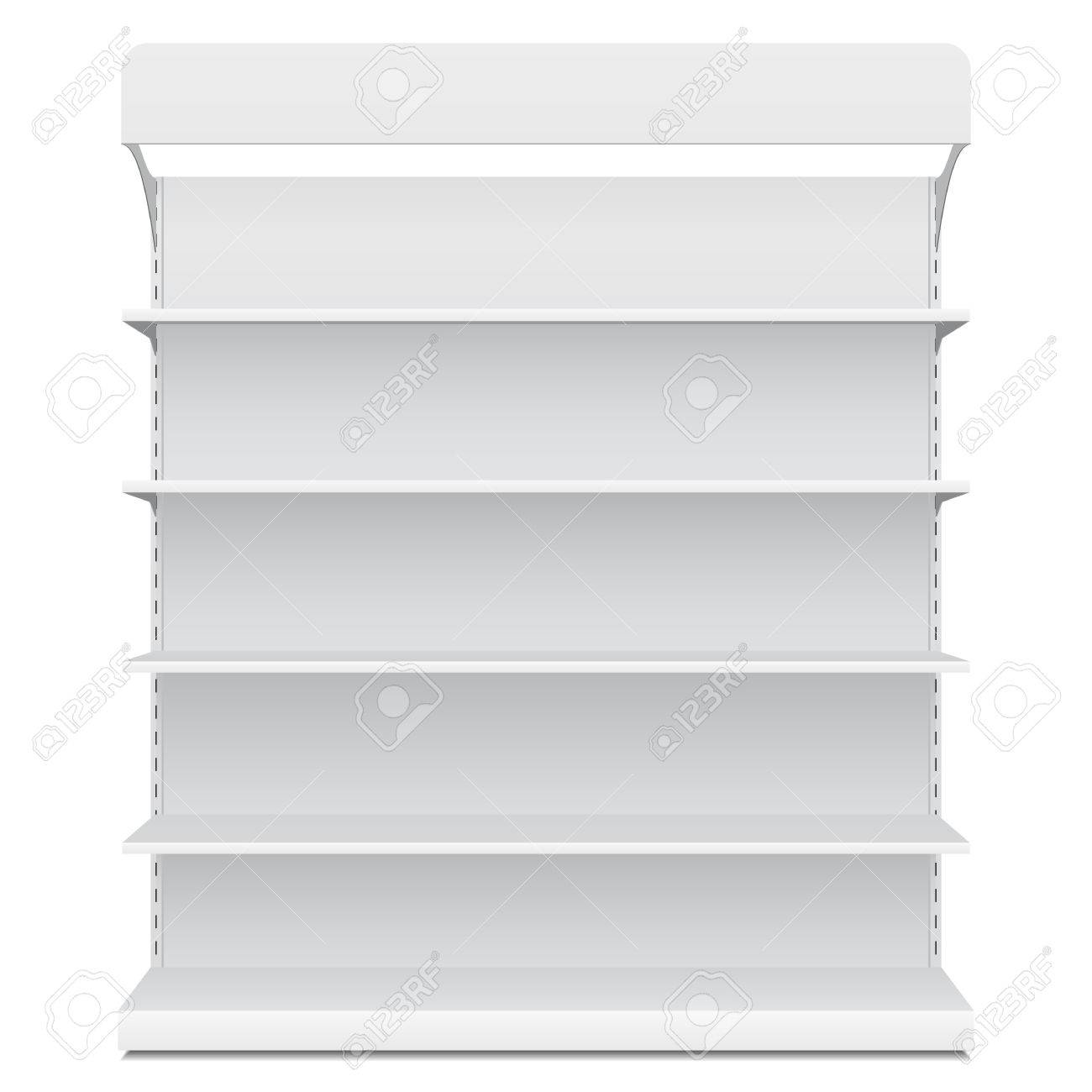 White Long Blank Empty Showcase Displays With Retail Shelves Front View 3D Products On White Background Isolated. - 50514044 White Long Blank Empty Showcase Displays With Retail Shelves Front View 3D Products On White Background Isolated. - 50514044