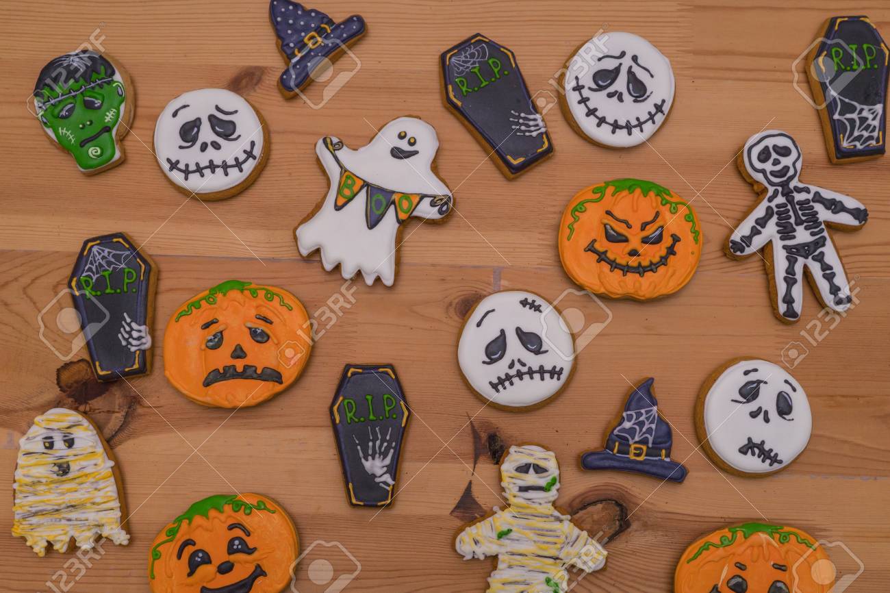 sweet gingerbread emoticons ghosts and pumpkins witches hats on a